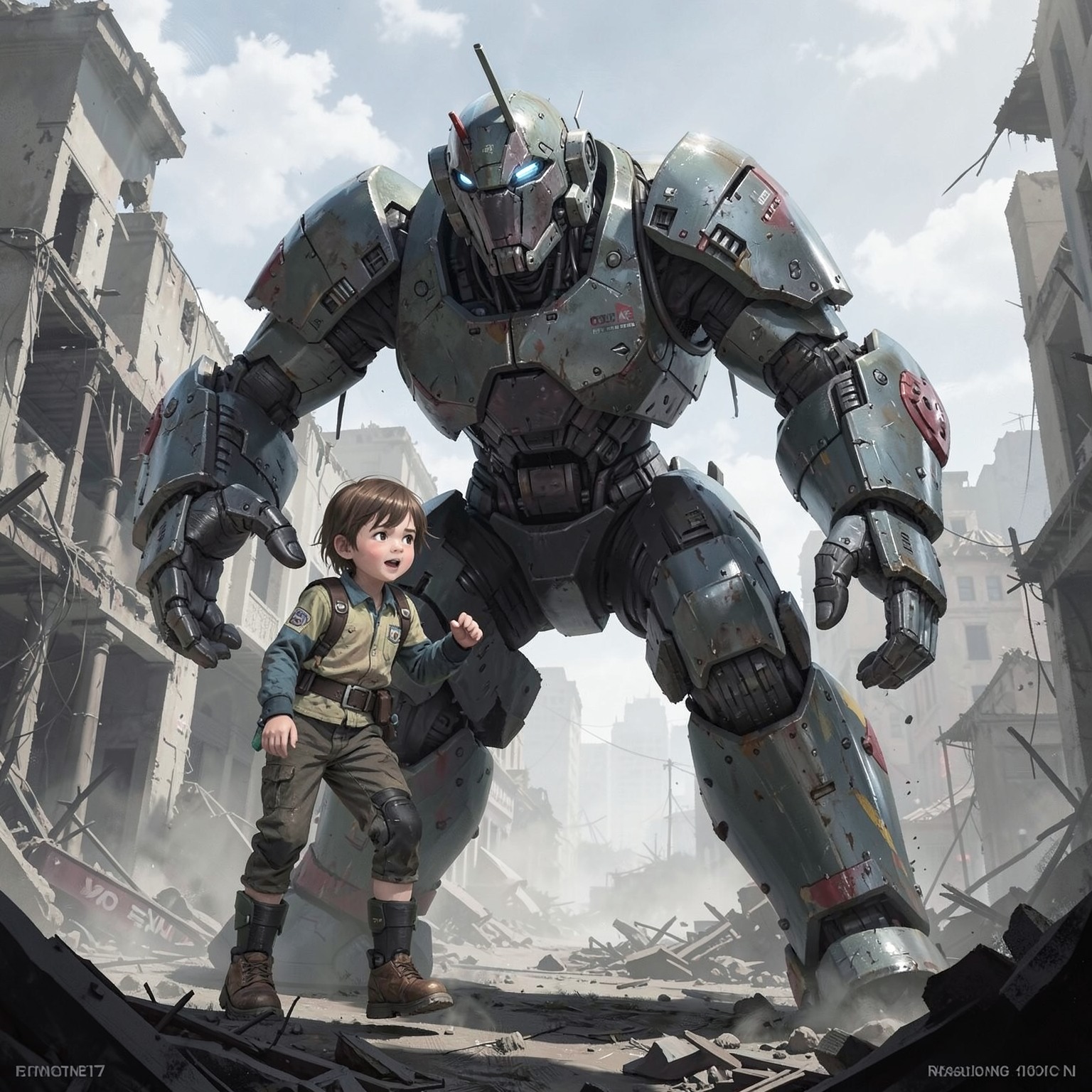 giant robot protecting a child in ruined city