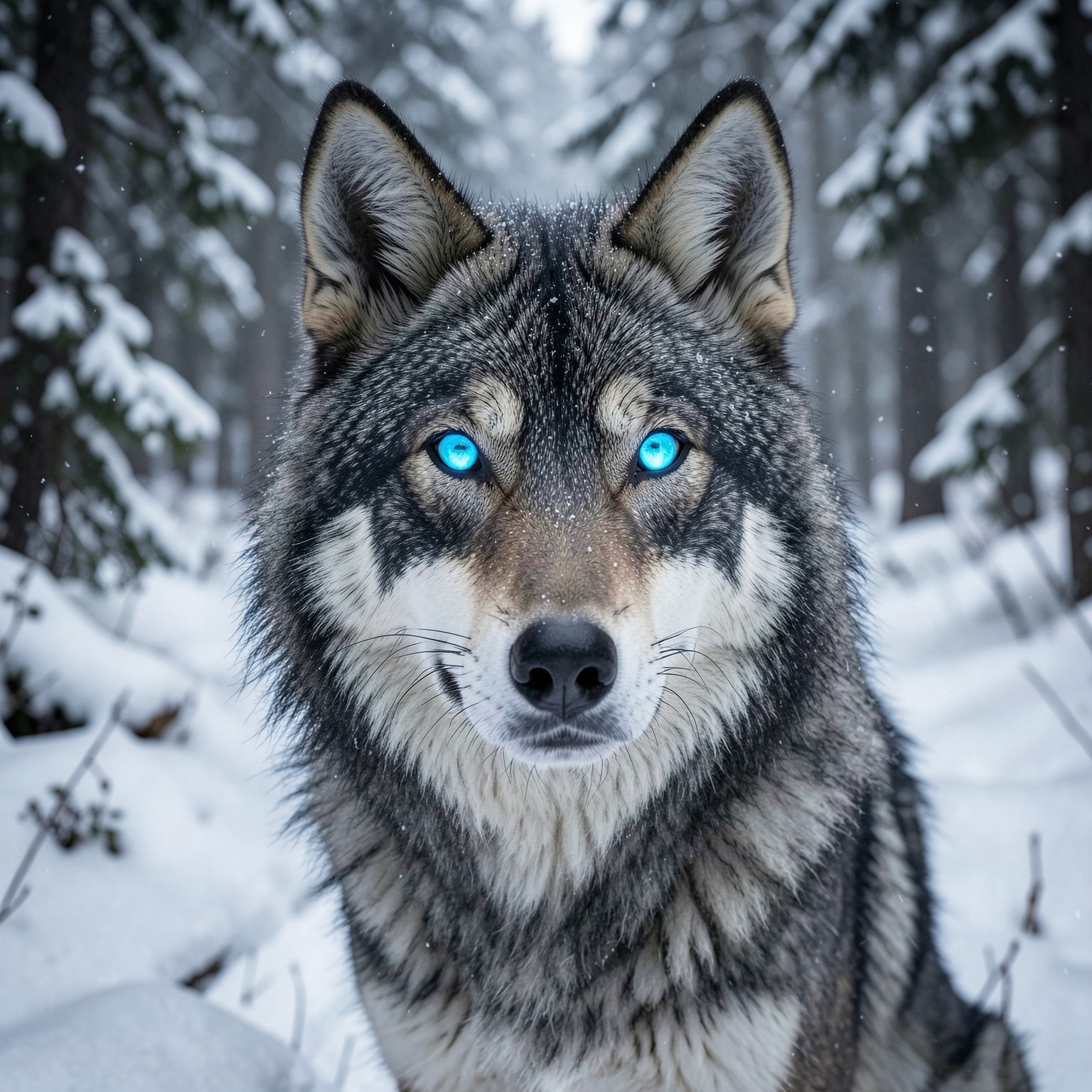 hyper realistic wolf with glowing blue eyes in snowy forest