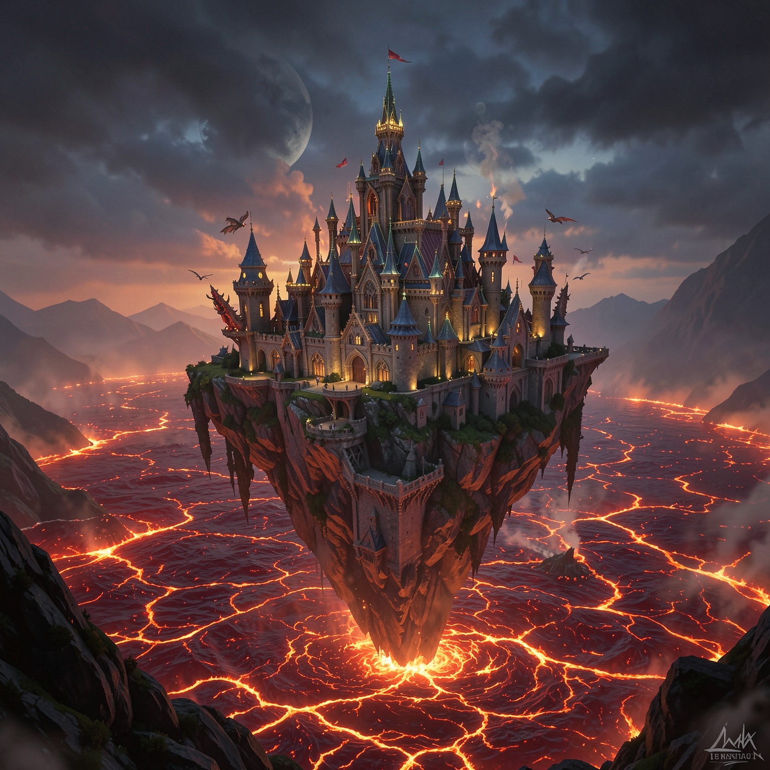 Fantasy kingdom floating above lava ocean