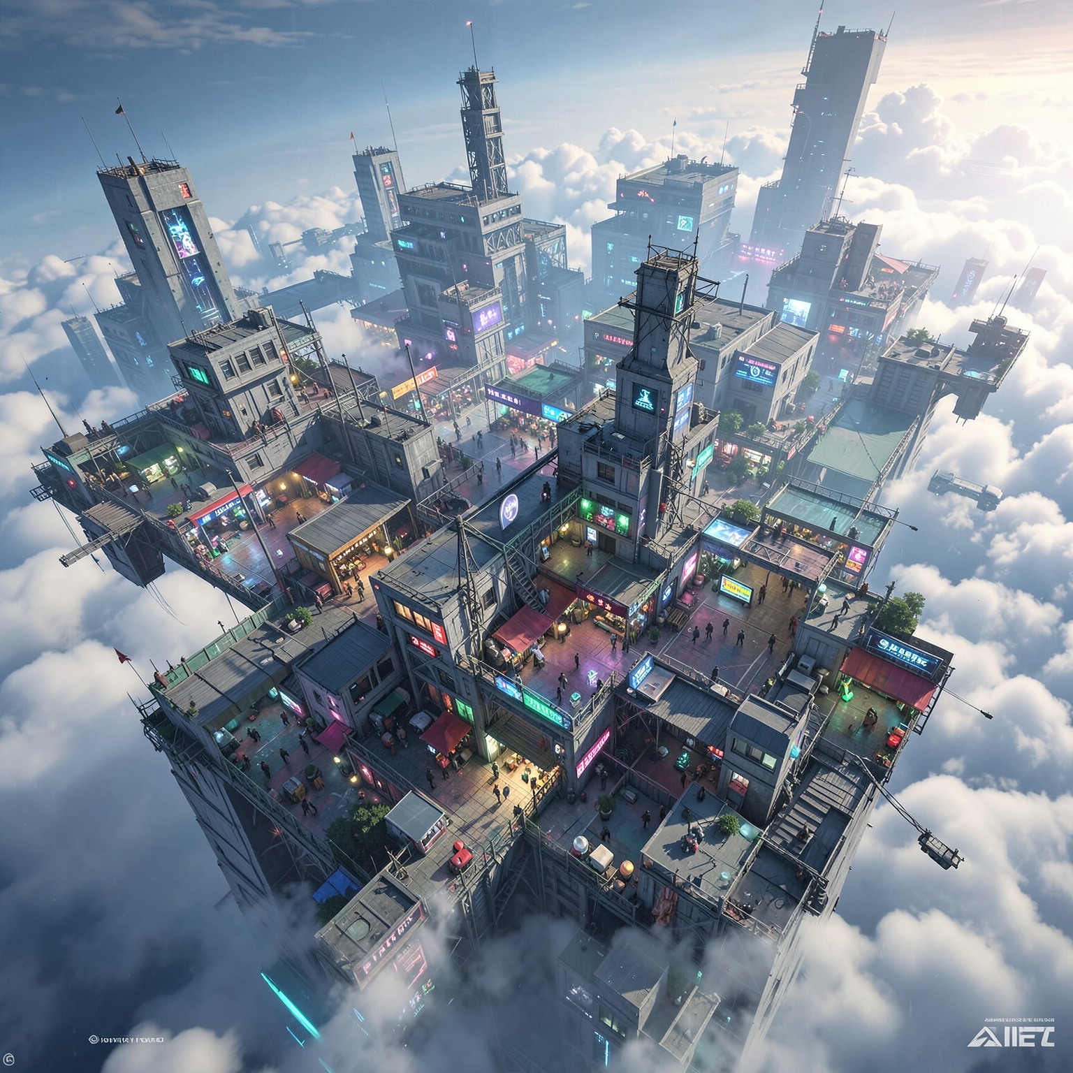 floating cyberpunk marketplace above clouds