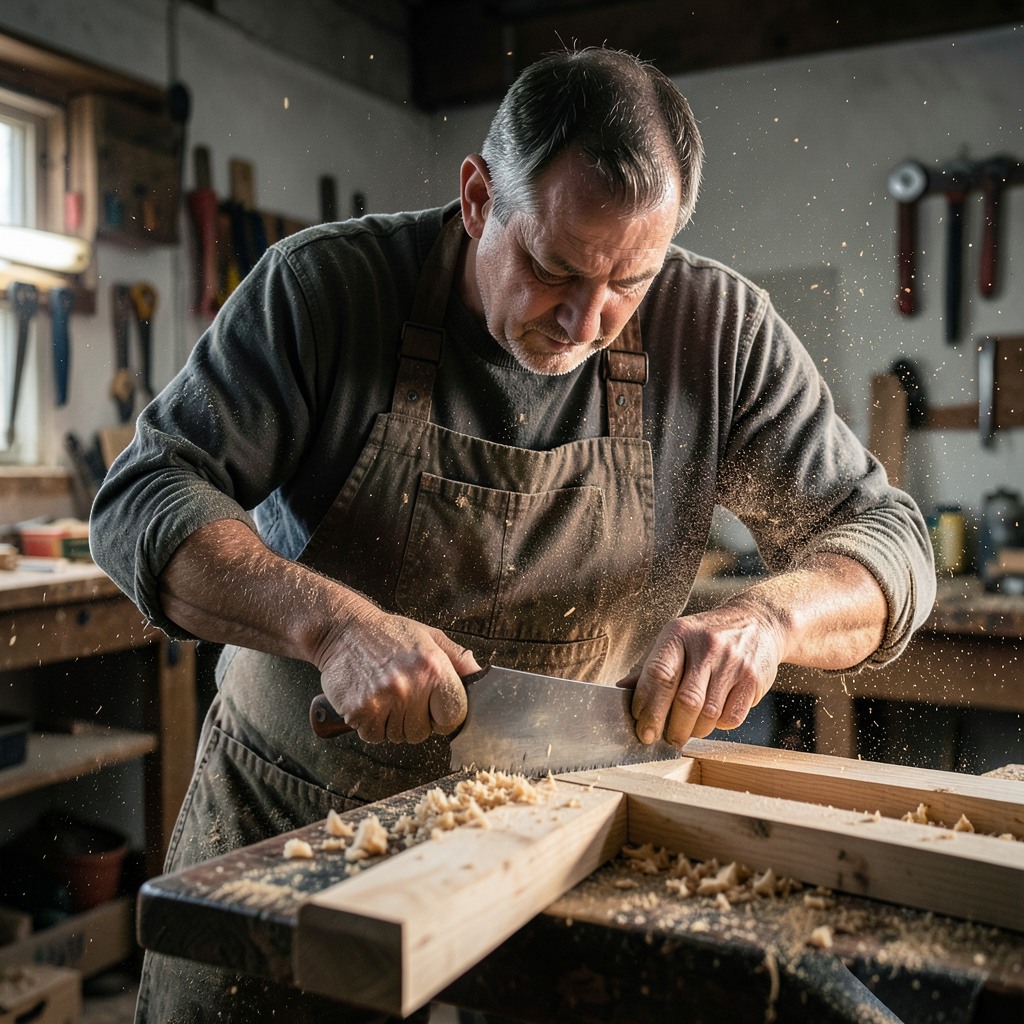 realistic action photo of a carpenter cutting wood in a workshop, flying sawdust, dramatic lighting, high detail, sharp focus, professional DSLR photo