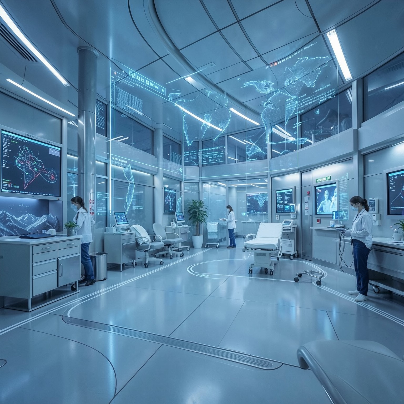futuristic hospital with advanced hologram technology