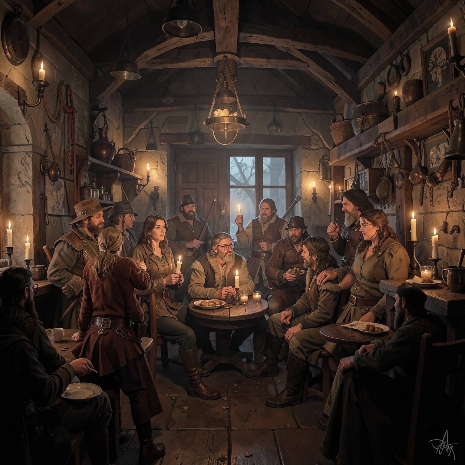 medieval tavern interior full of adventurers and candles