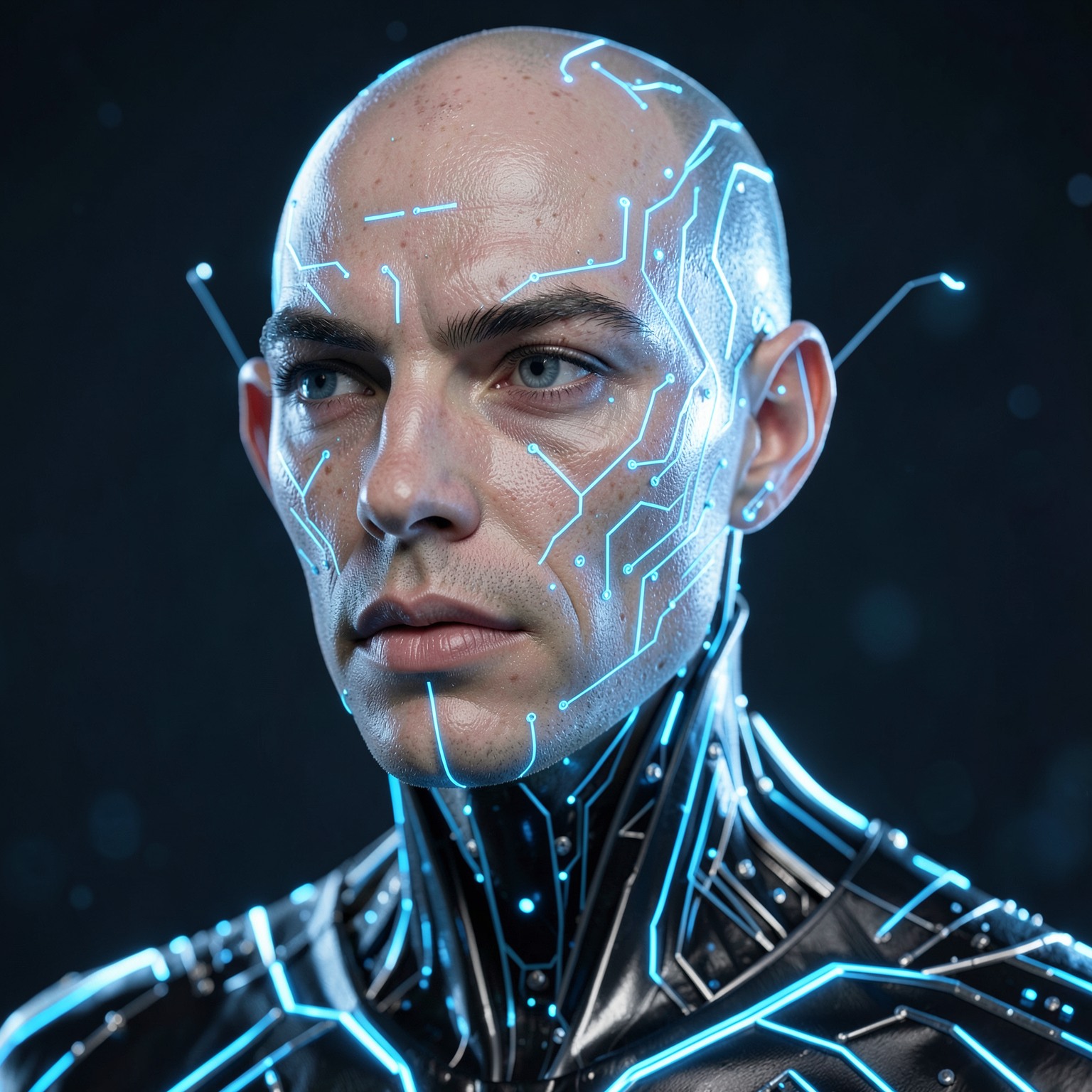 futuristic AI humanoid portrait with glowing circuits and realistic skin