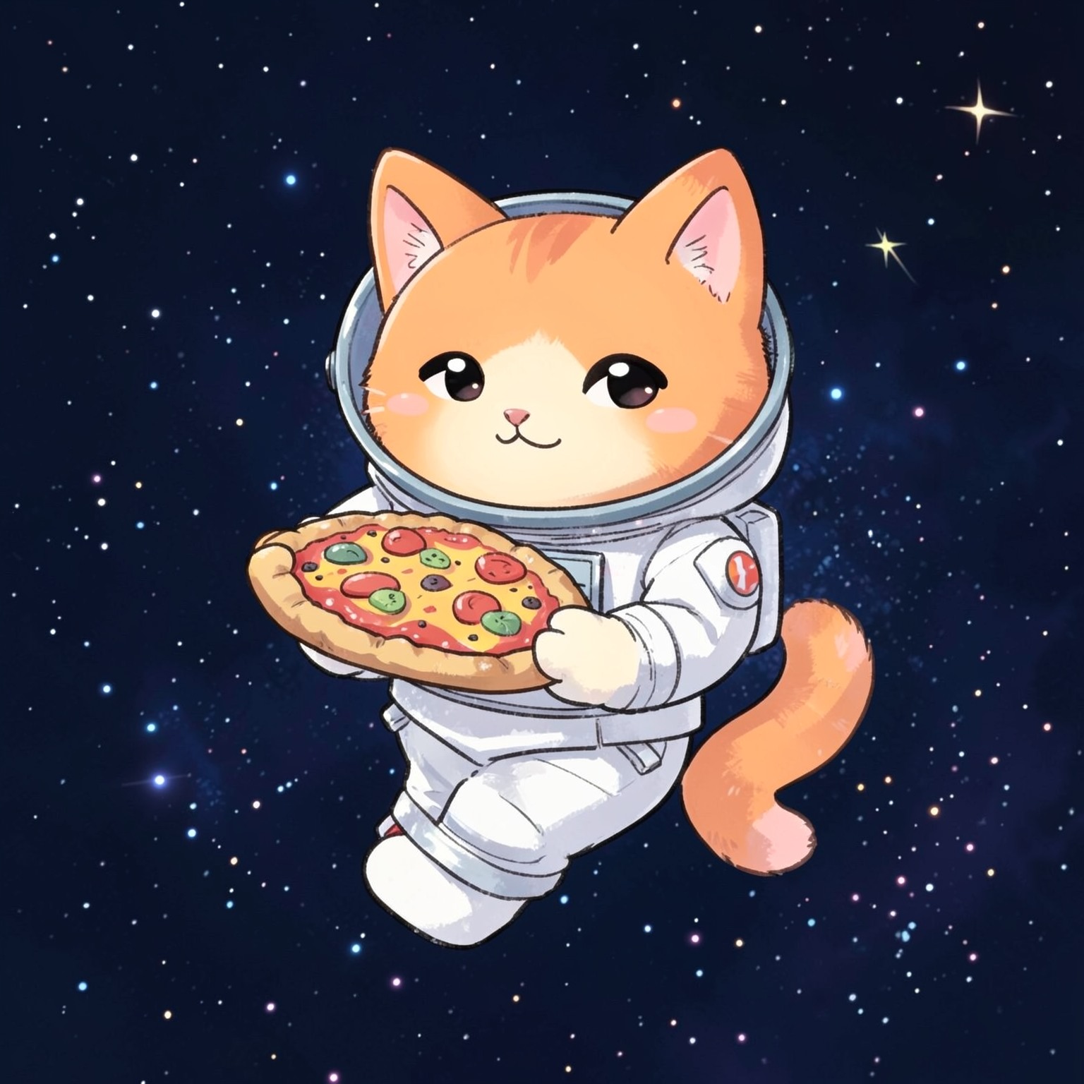 cute orange cat astronaut floating in space holding pizza