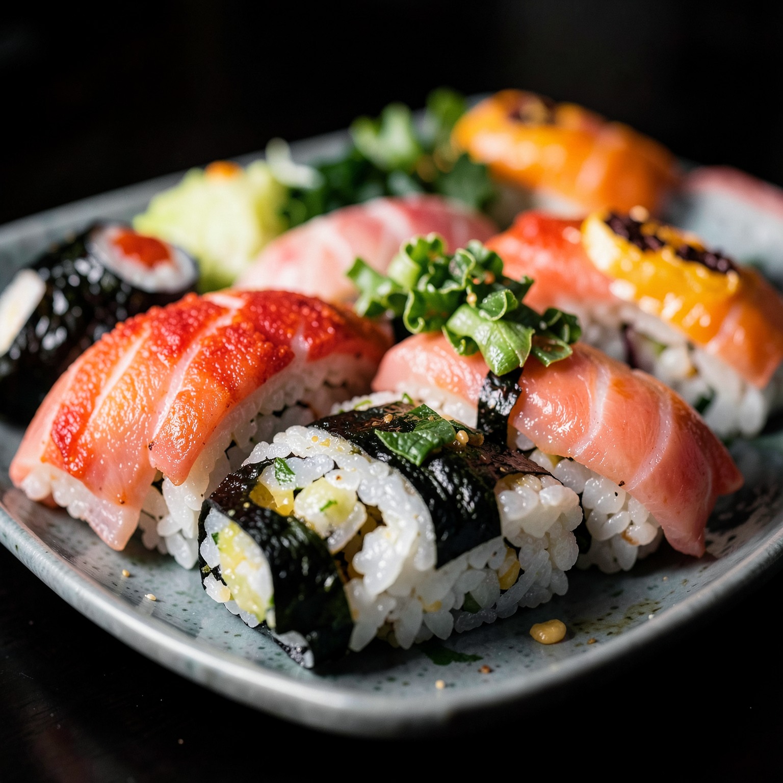 realistic sushi platter macro shot with dramatic lighting