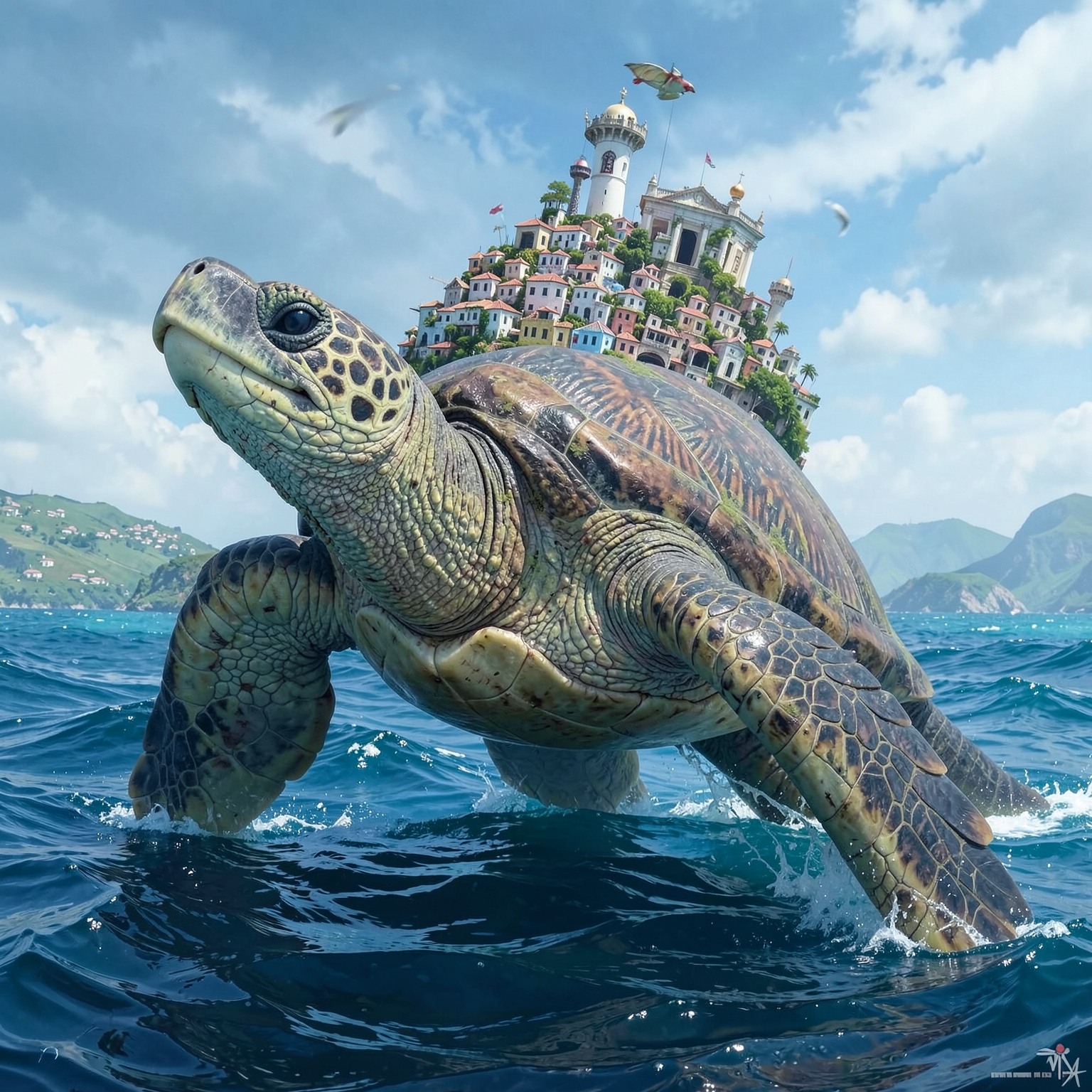 giant ancient turtle carrying a city on its back in the ocean
