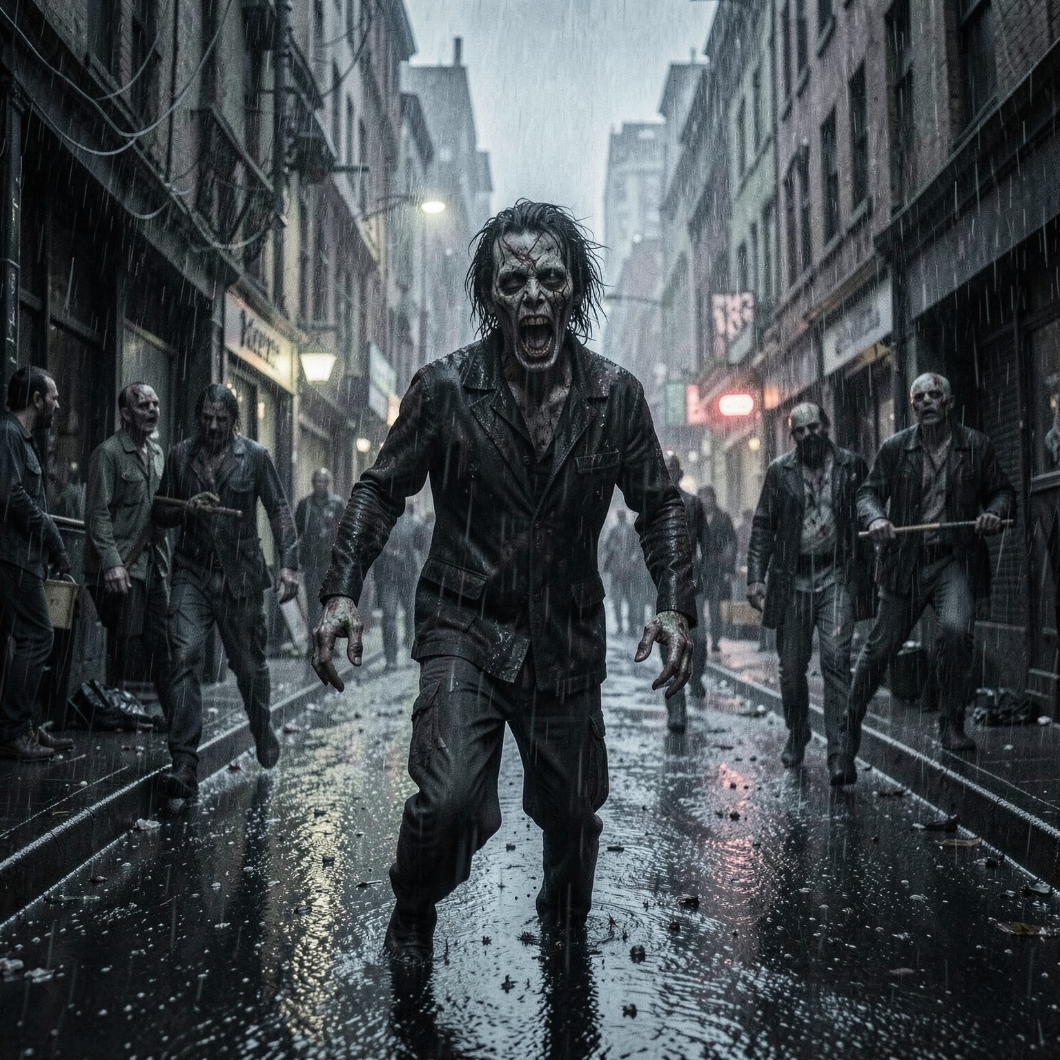cinematic zombie apocalypse street scene in heavy rain