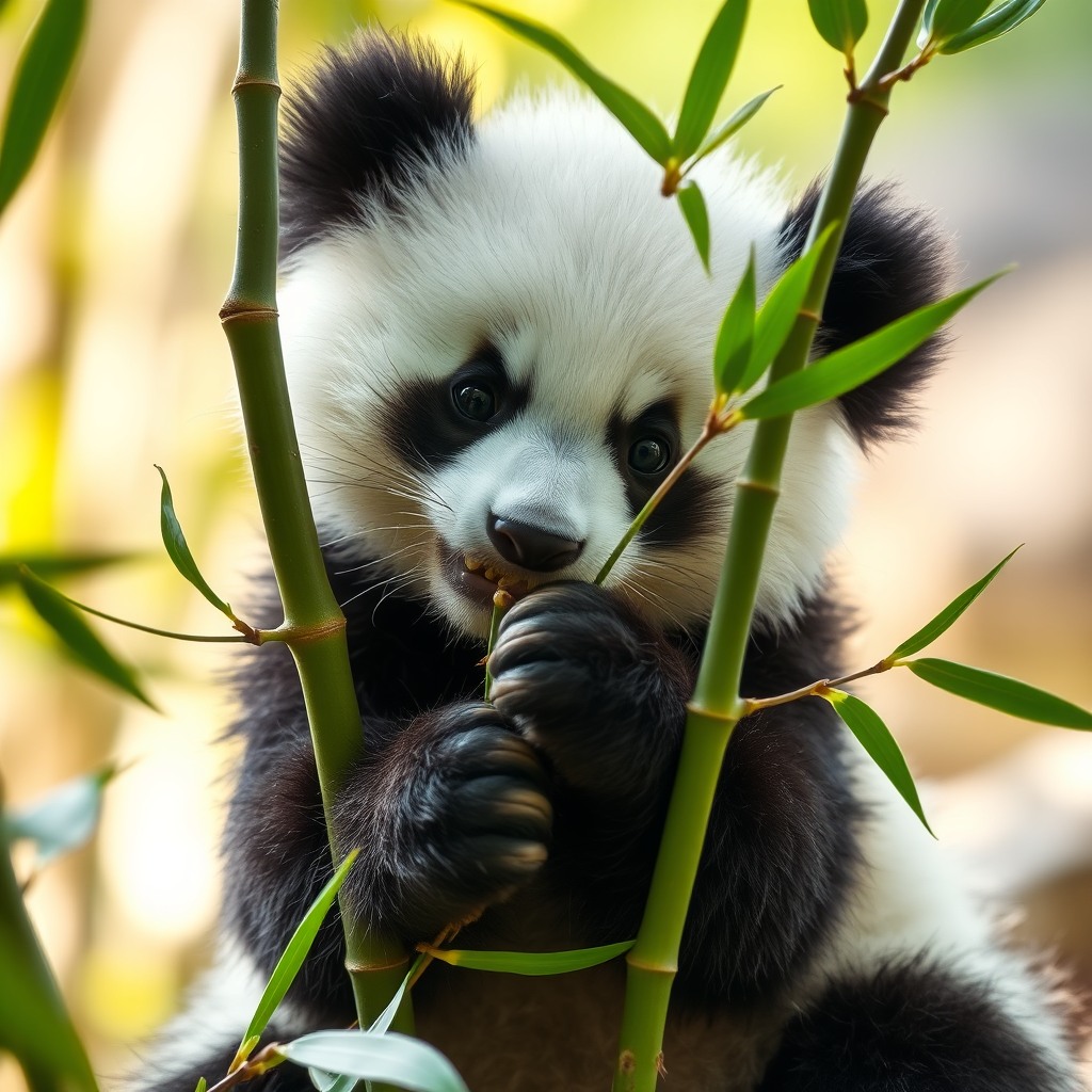 cute baby panda eating bamboo, soft light, ultra detailed fur