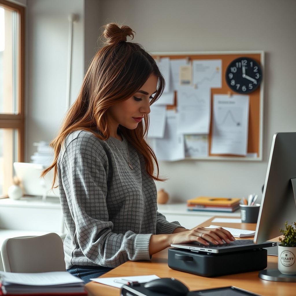 Photo-realistic editorial photography, realistic scene representing a woman preparing workspace for day