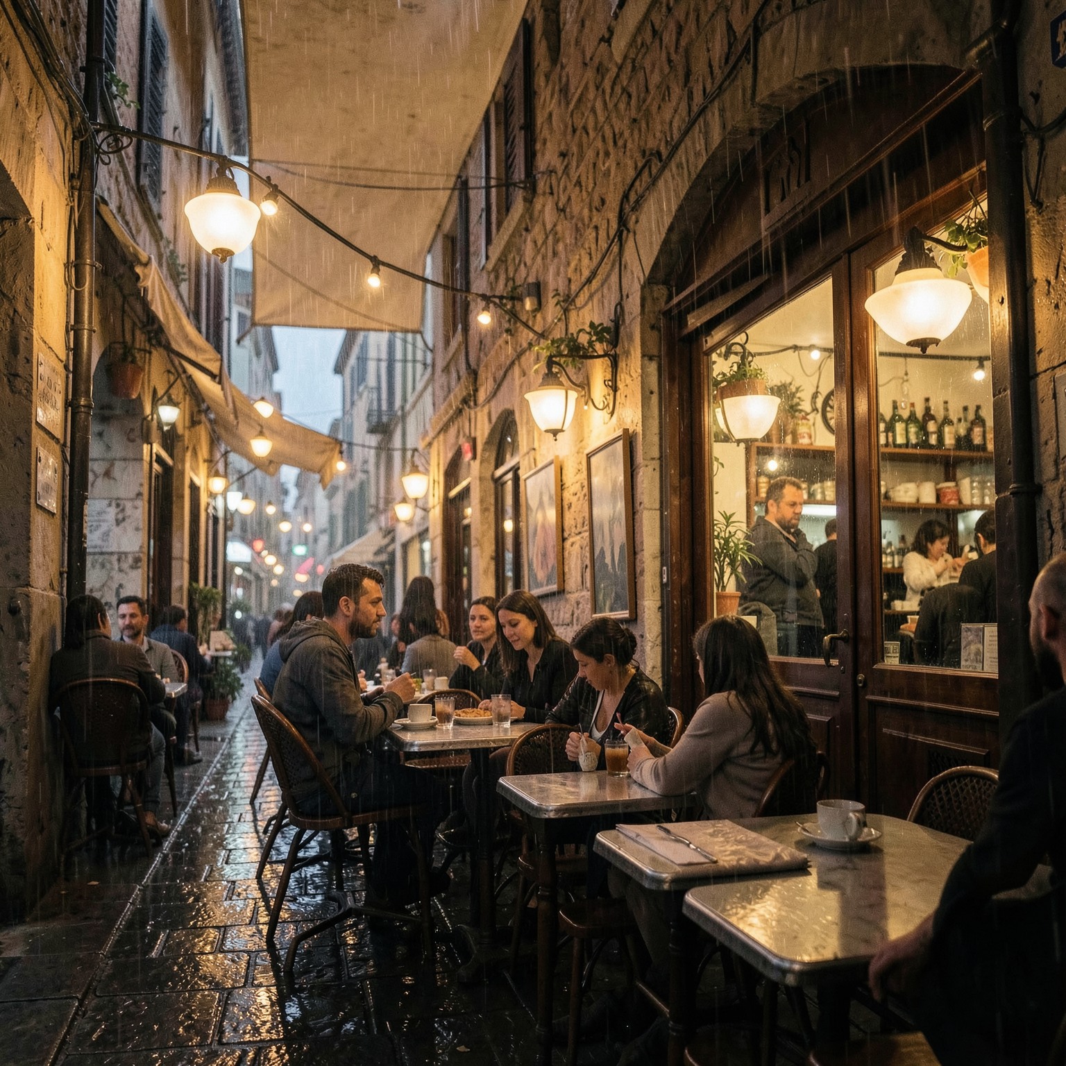 realistic Italian cafe in Rome during rain, cozy lights, cinematic realism