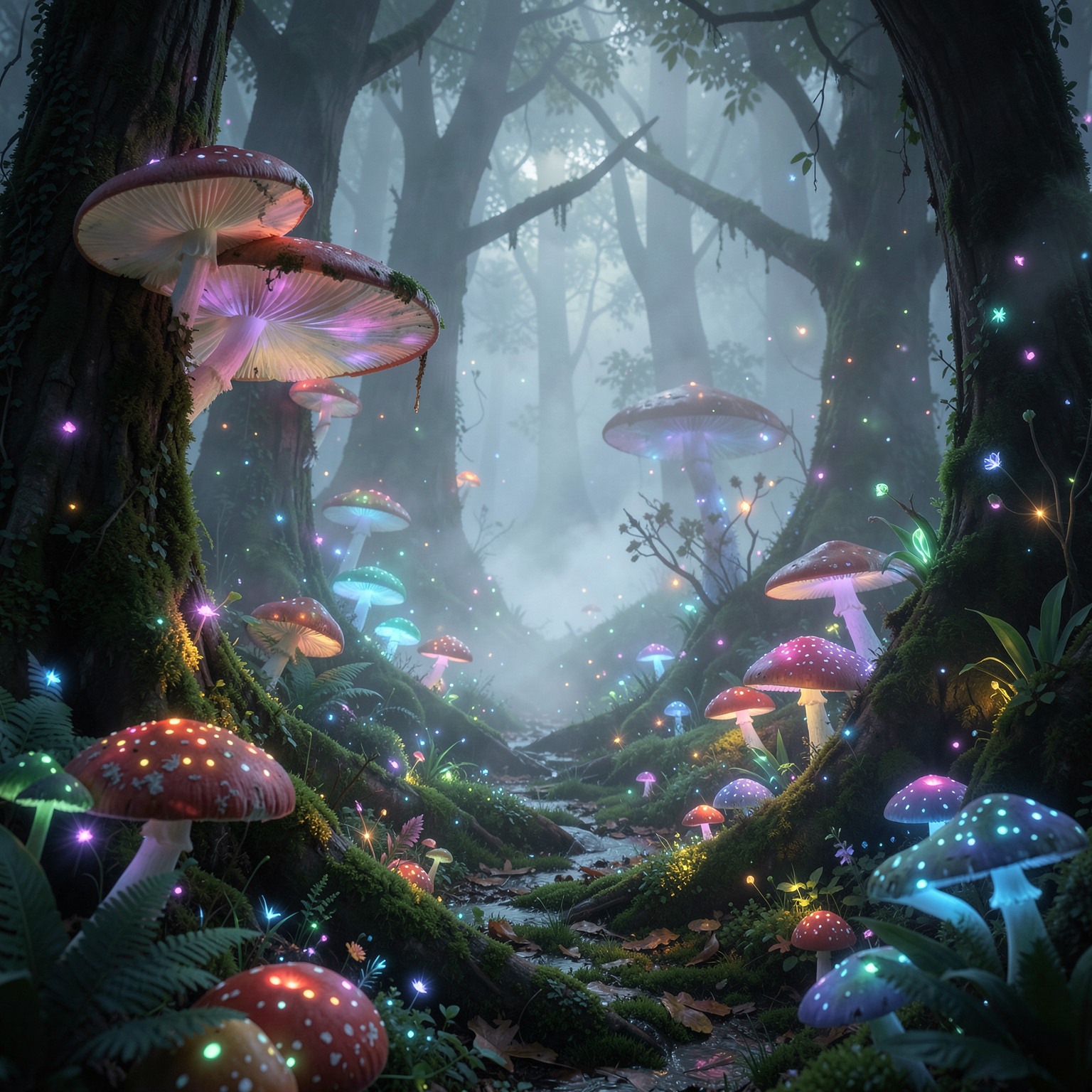 Beautiful fantasy forest with glowing mushrooms and magical fog, cinematic composition