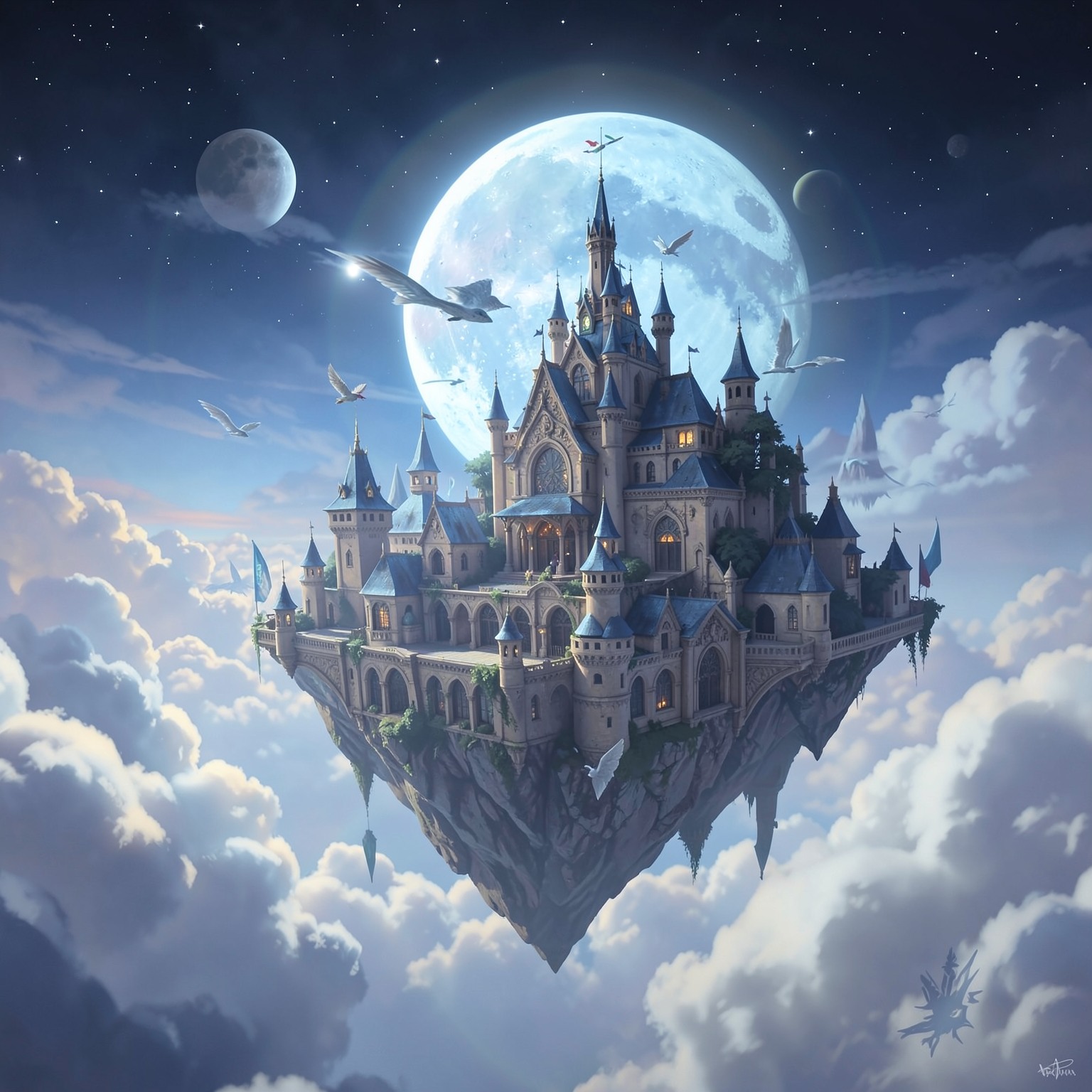fantasy moon kingdom floating above clouds