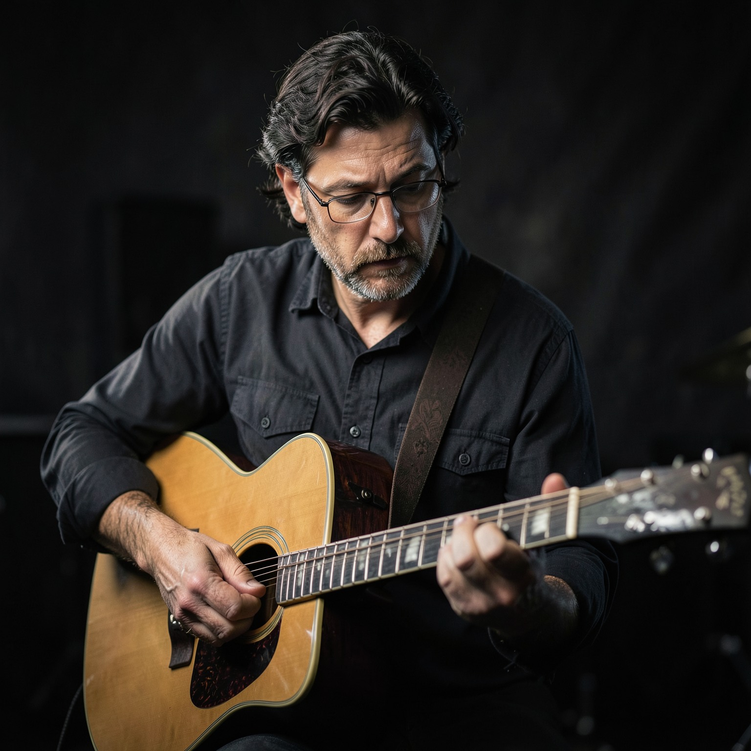 Ultra realistic portrait, musician playing guitar in studio, moody lighting, shallow depth of field, editorial photography