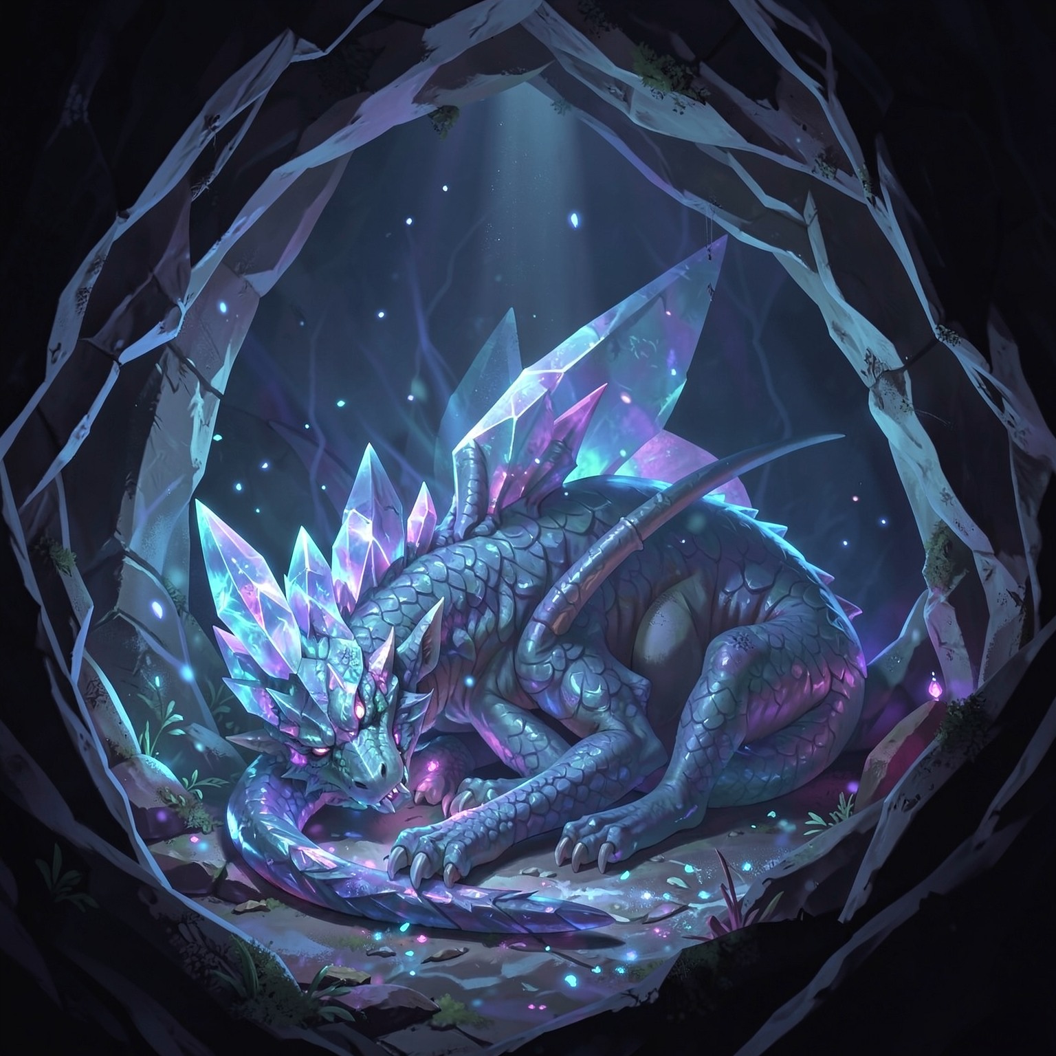 crystal dragon sleeping inside glowing cave