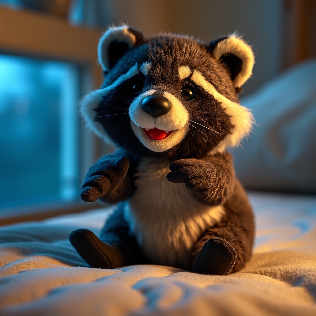 playful raccoon, cozy indoor light, plush toy proportions