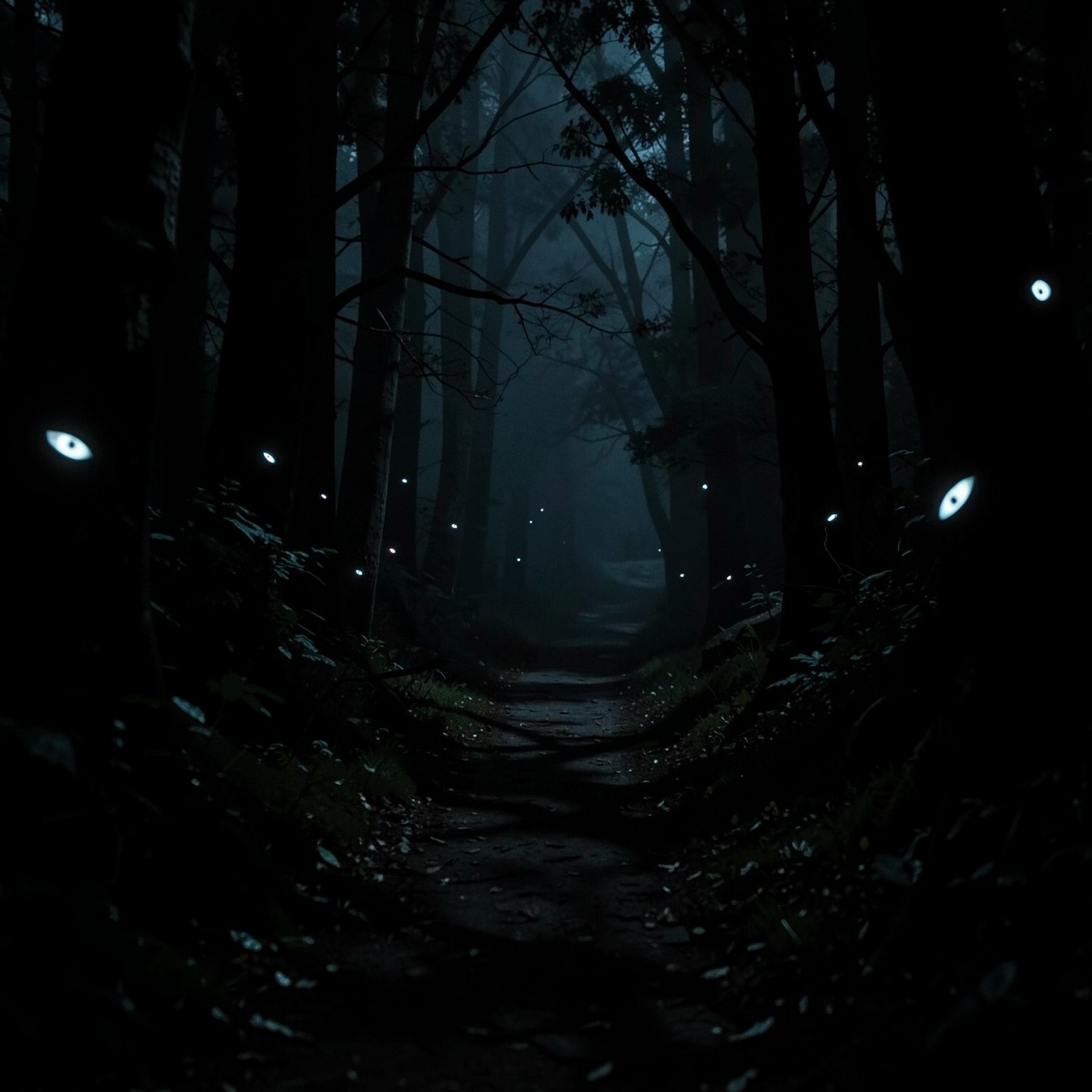 dark mysterious forest path with glowing eyes in shadows