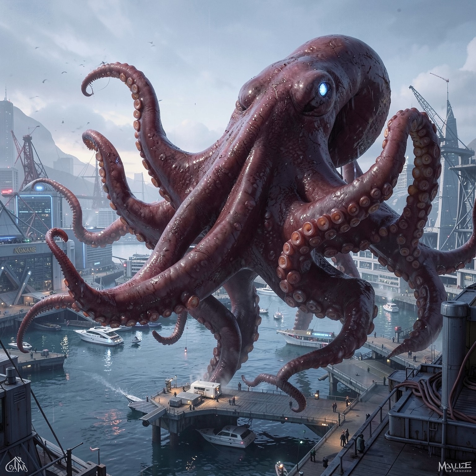 giant octopus attacking futuristic harbor