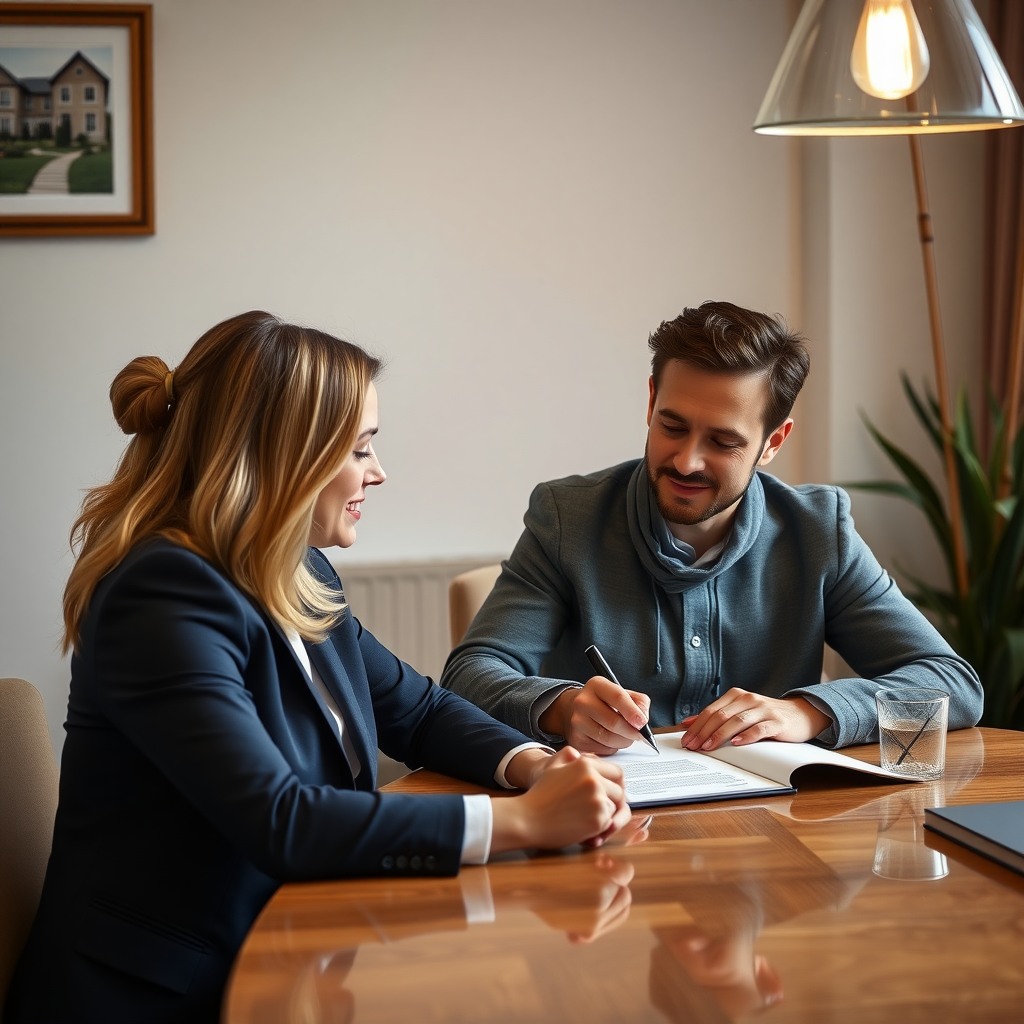 Photo-realistic editorial photography, realistic scene representing a couple signing contract at table, real estate concept