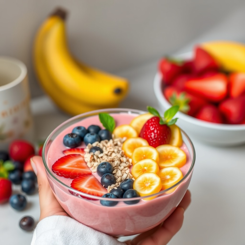fruit smoothie bowl, vibrant toppings, instagram food style