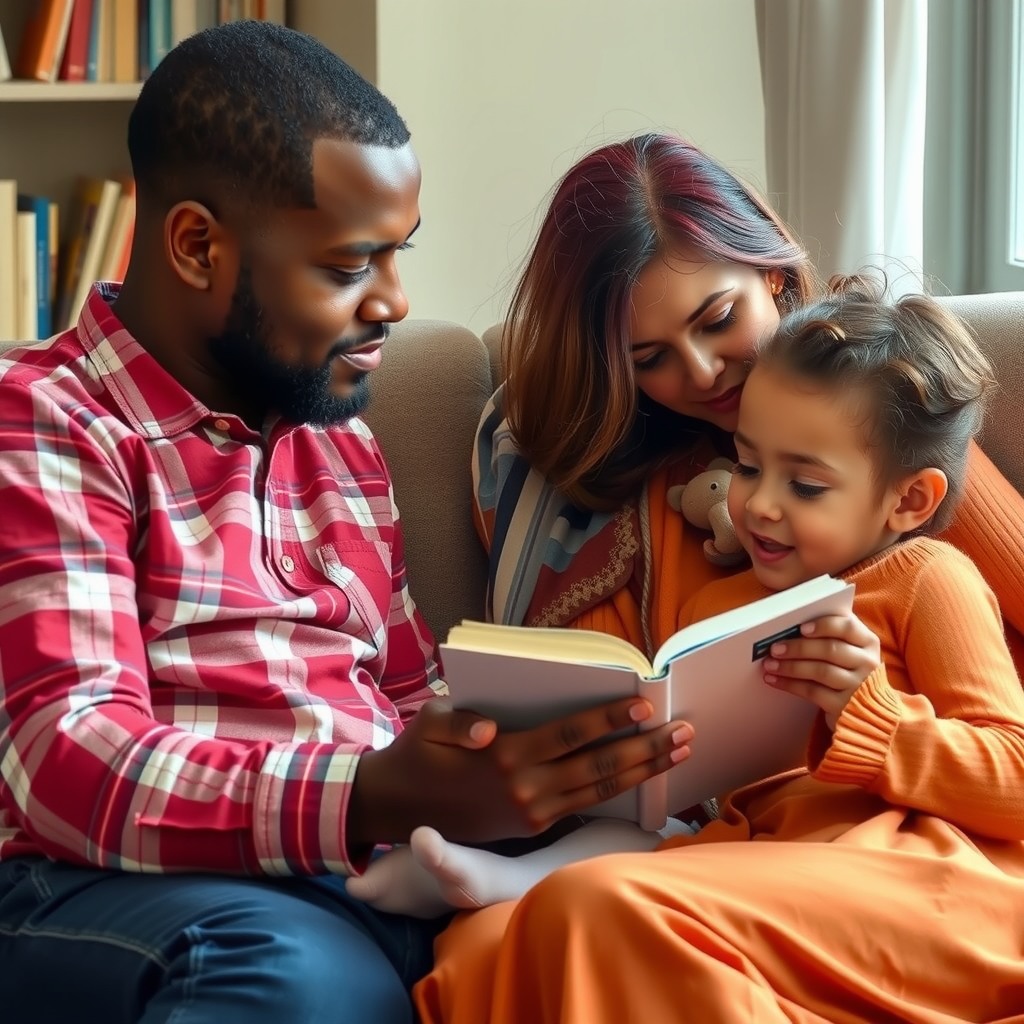 Photo-realistic editorial photography, realistic scene representing parents reading with child