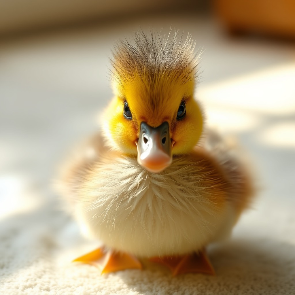 fluffy duckling, cozy indoor light, big sparkling eyes