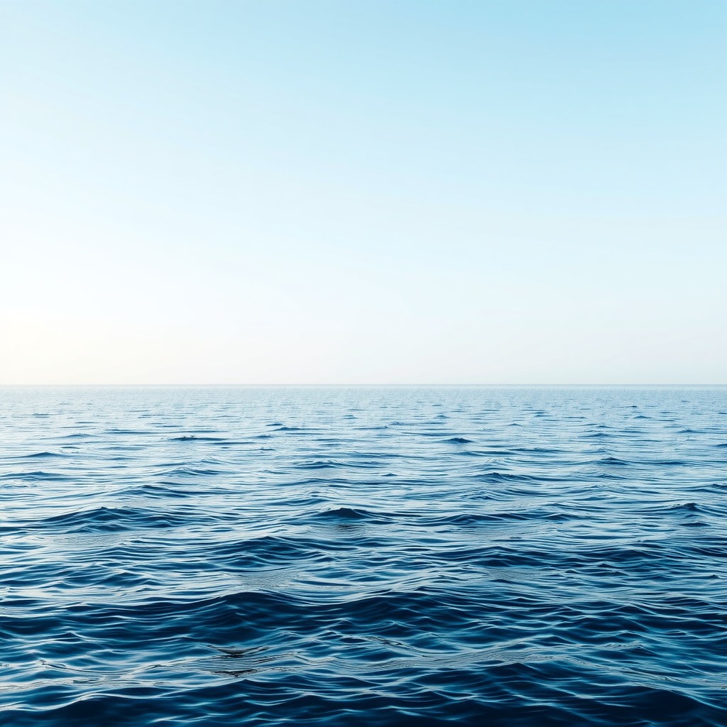 Photo-realistic scene of a calm ocean horizon under clear sky, minimalist composition