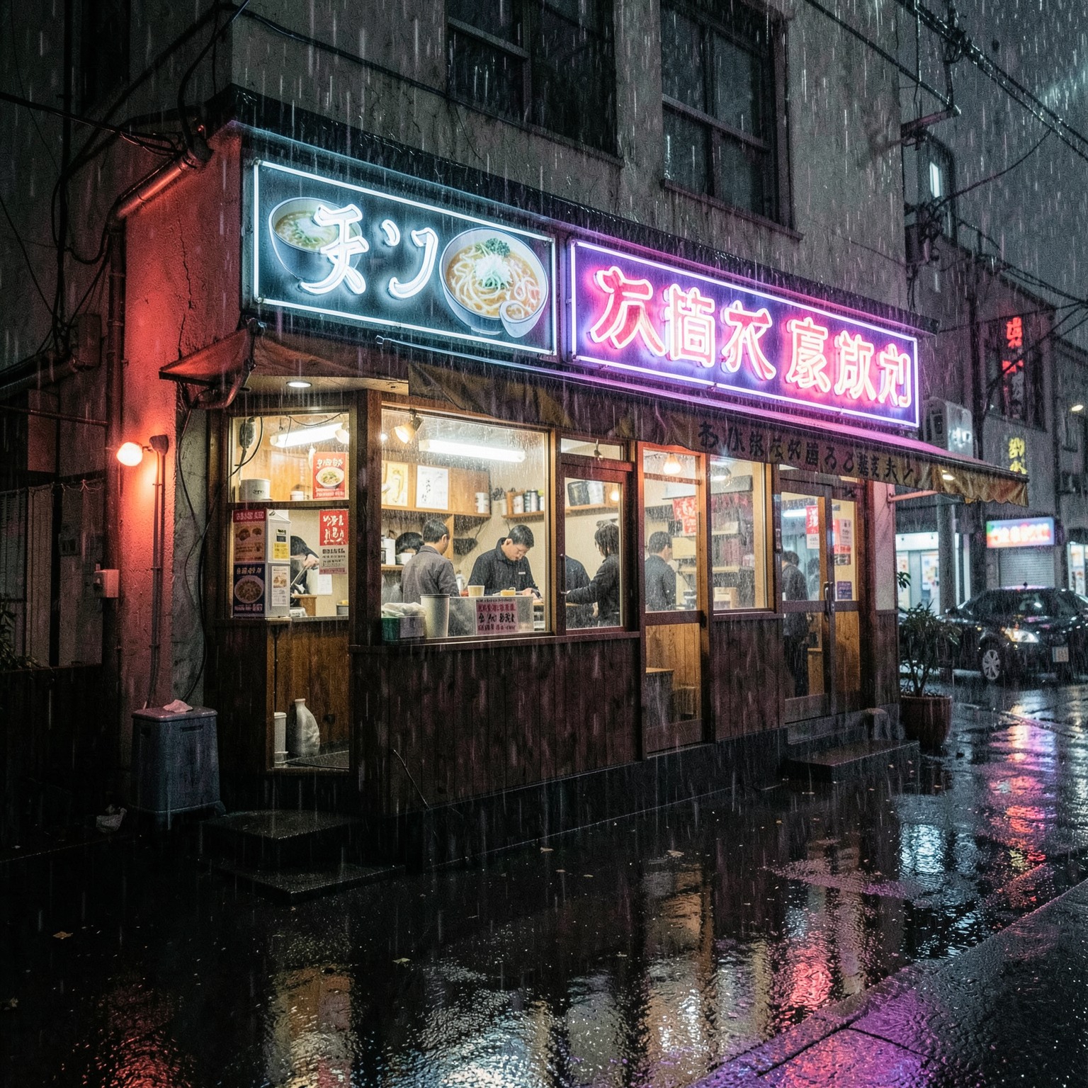 Neon-lit ramen shop during heavy rain, cinematic street photography