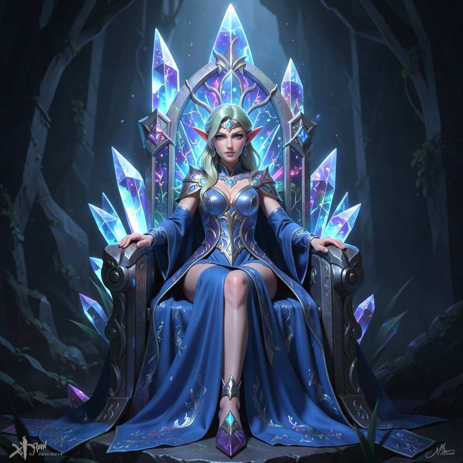 fantasy elf queen sitting on glowing crystal throne