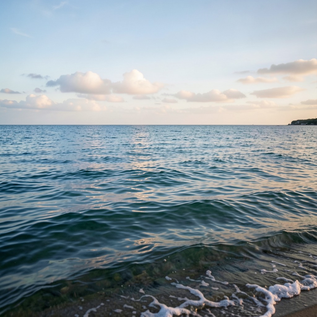 Photo-realistic editorial photography, realistic scene representing calm sea