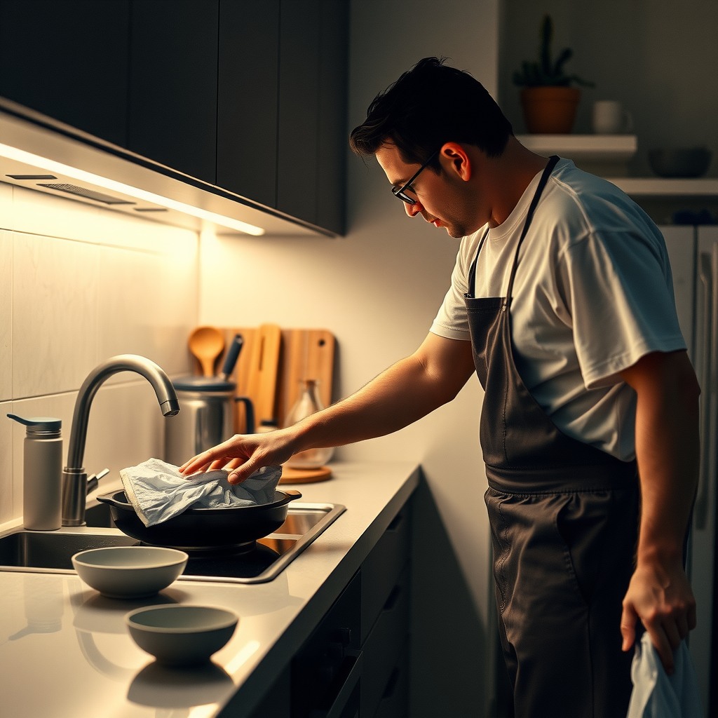 Photo-realistic editorial photography, realistic scene representing a man cleaning kitchen after dinner