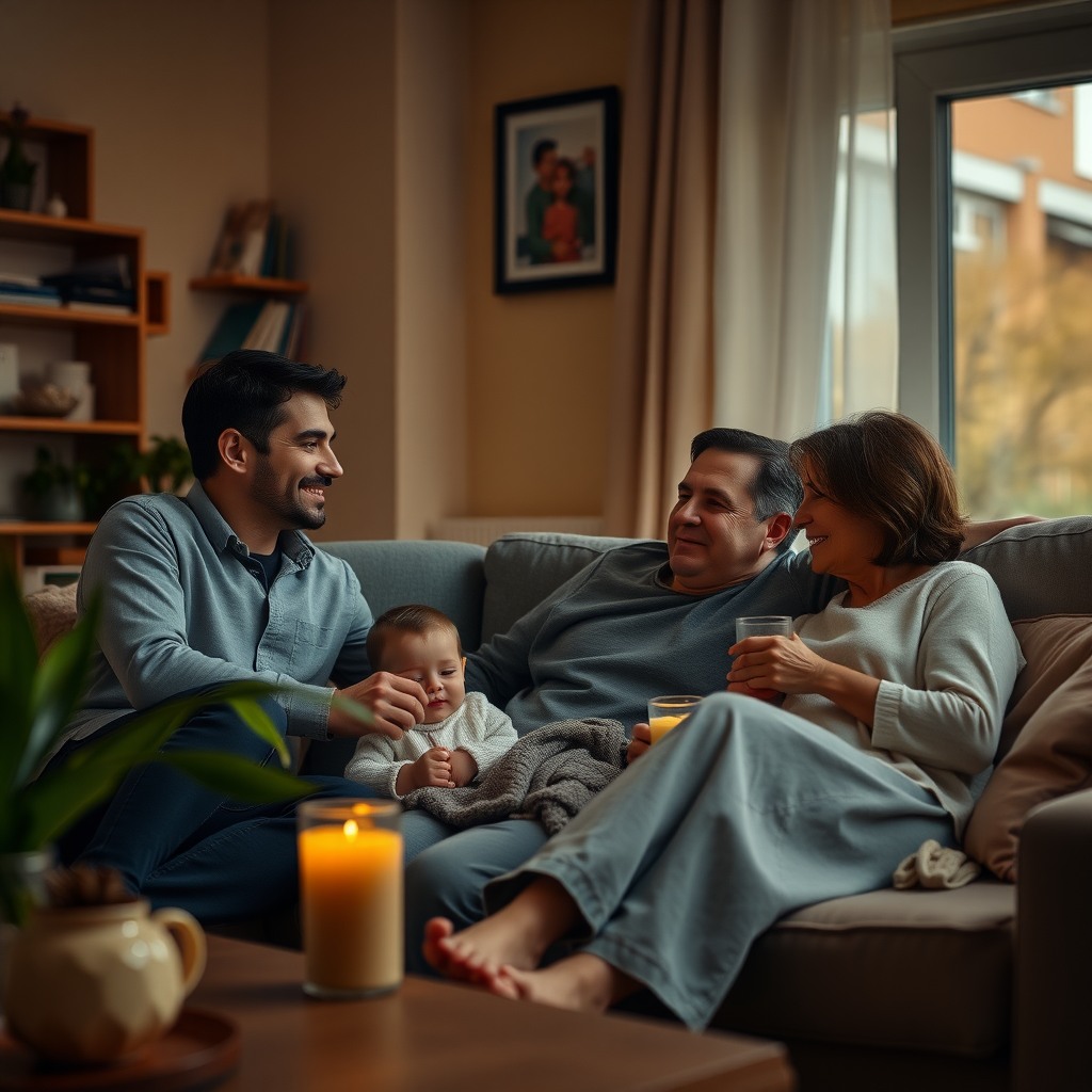 Photo-realistic editorial photography, realistic scene representing a relaxed family evening at home, natural warm lighting