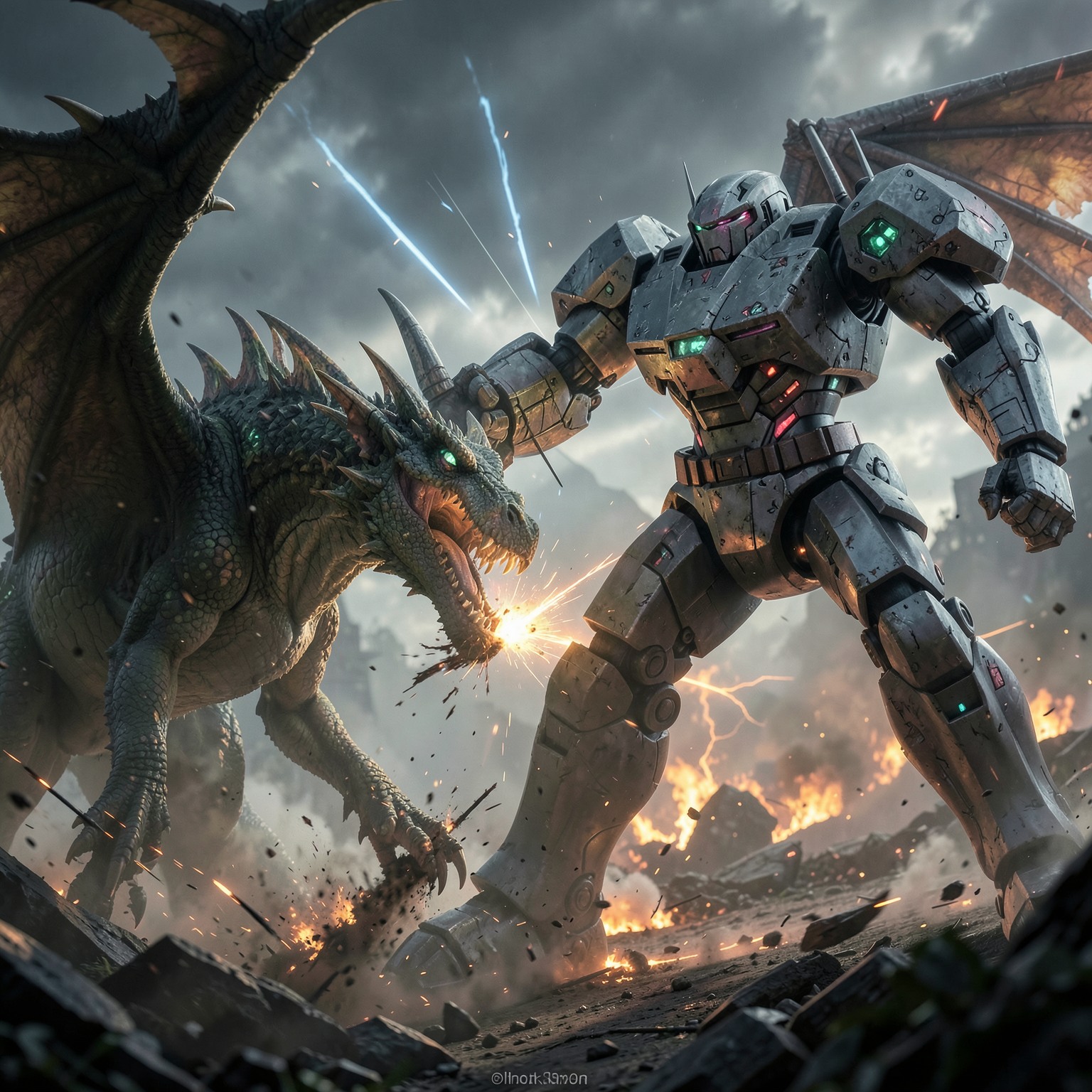 cinematic battle between dragon and giant robot