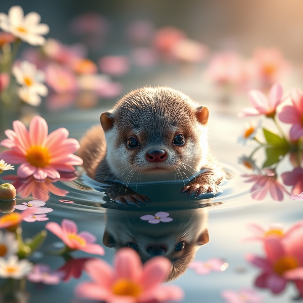 adorable baby otter floating on water surrounded by colorful flowers, soft sunlight, calm reflections, dreamy atmosphere, ultra detailed, cute cinematic look
