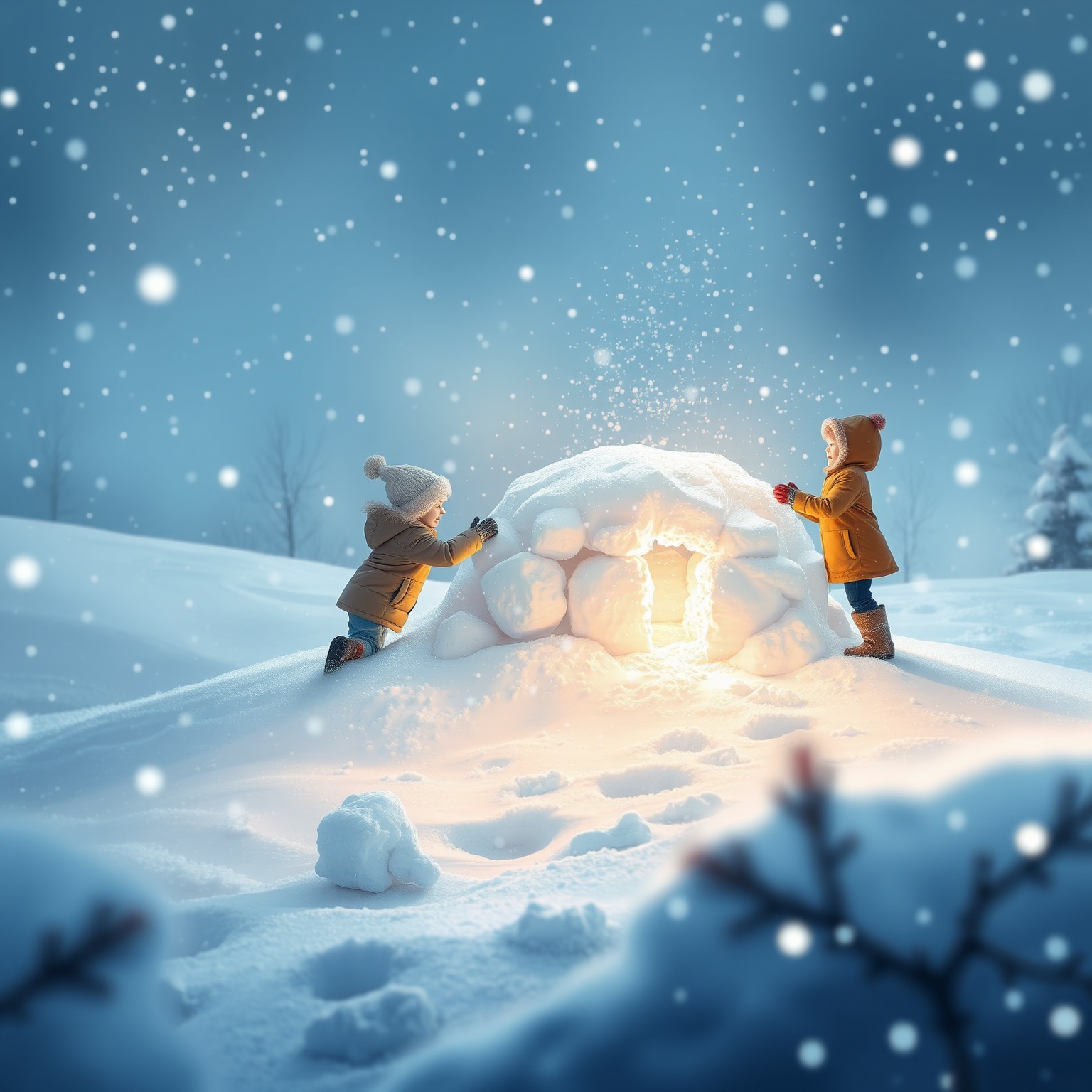 Children joyfully building a snow fort in a magical winter landscape.