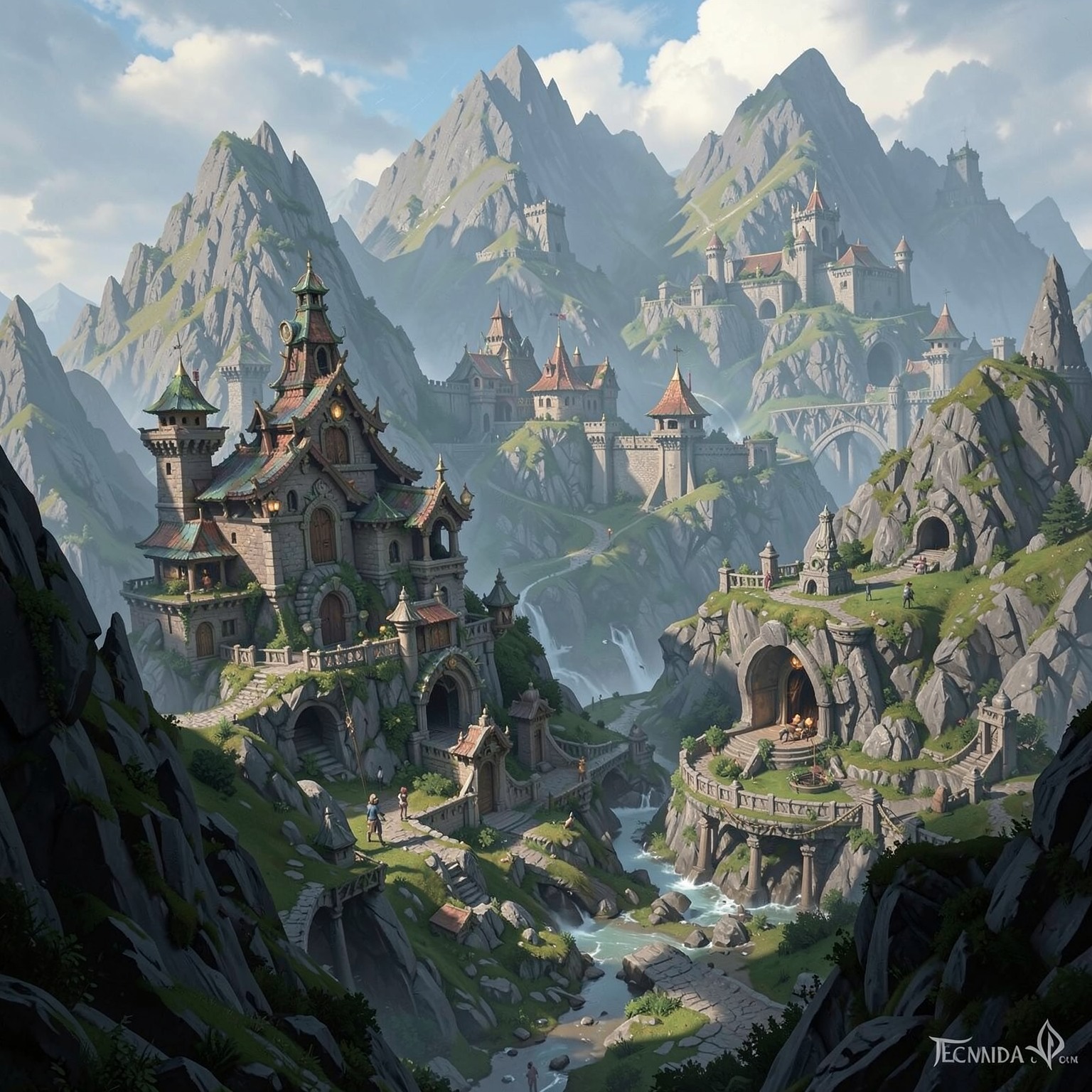 Fantasy dwarf kingdom carved into mountains