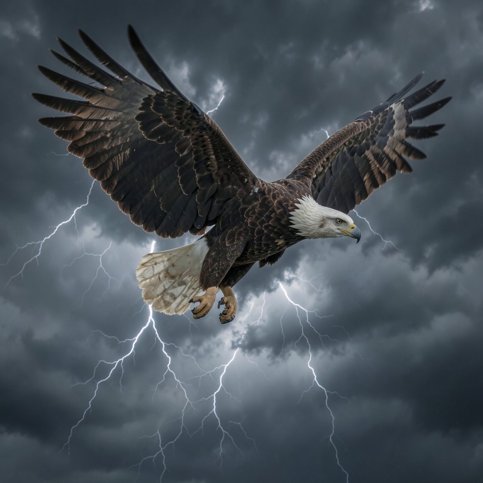 realistic eagle flying through storm clouds