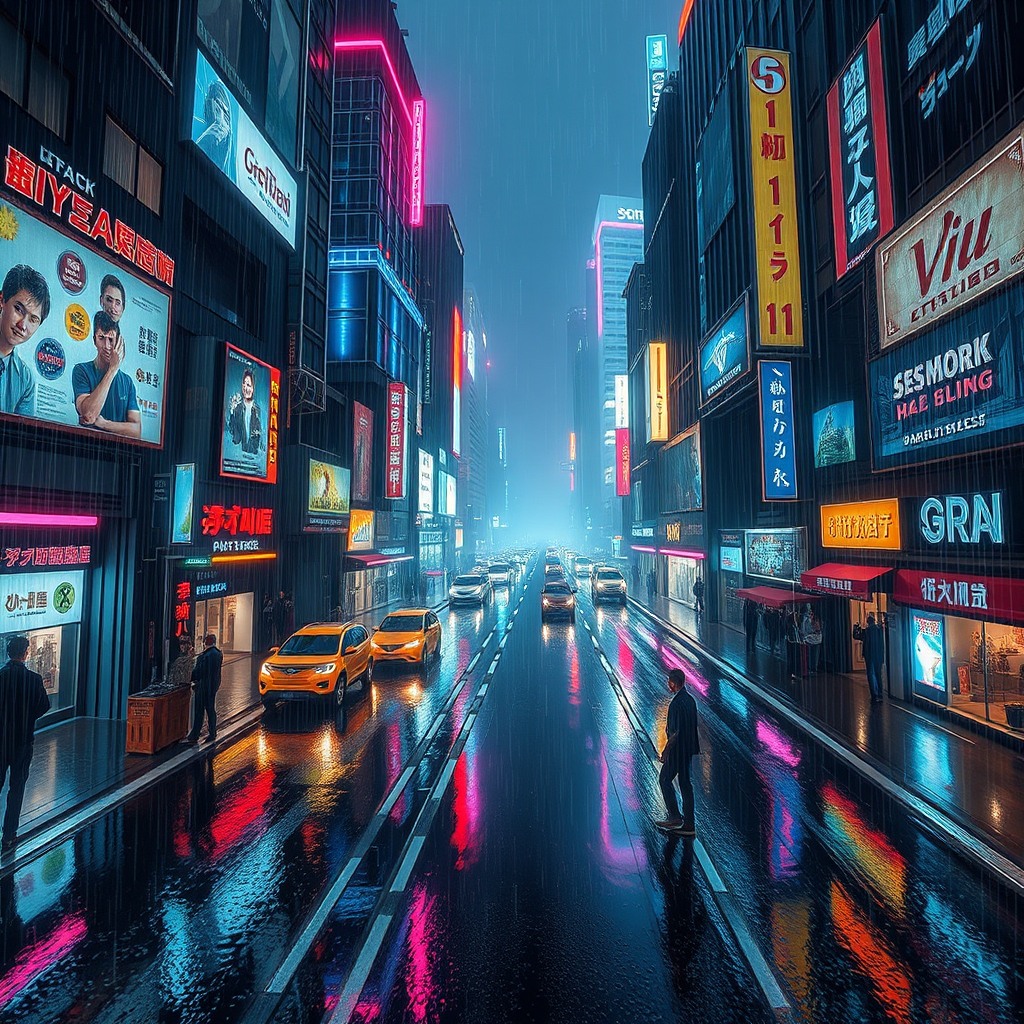 futuristic cyberpunk city at night, neon lights, rain reflections, ultra detailed, wide angle