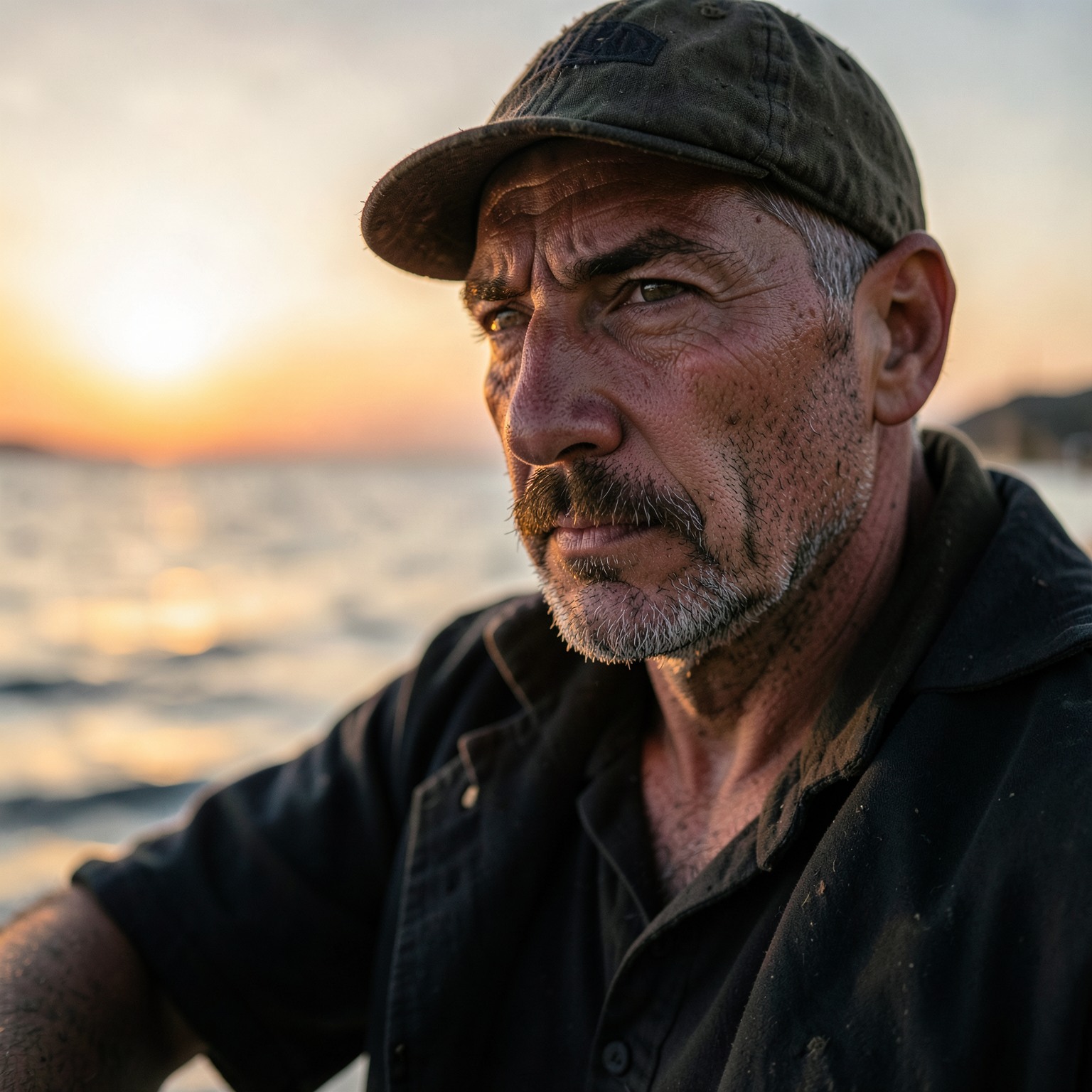 cinematic portrait of a Croatian fisherman at sunrise, ultra realistic, detailed skin pores, dramatic lighting, shallow depth of field, 85mm lens, golden hour