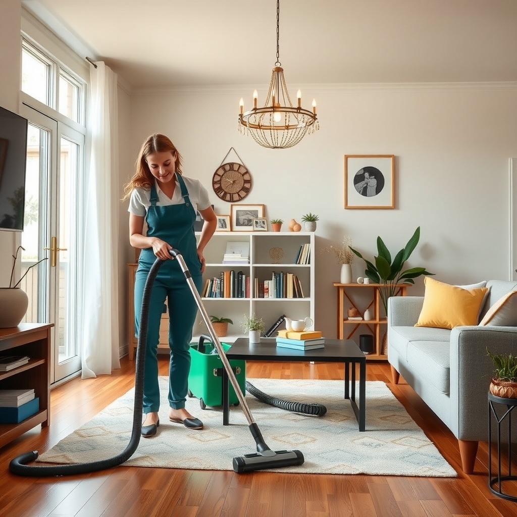 Photo-realistic editorial photography, realistic scene representing a home cleaning service worker vacuuming living room