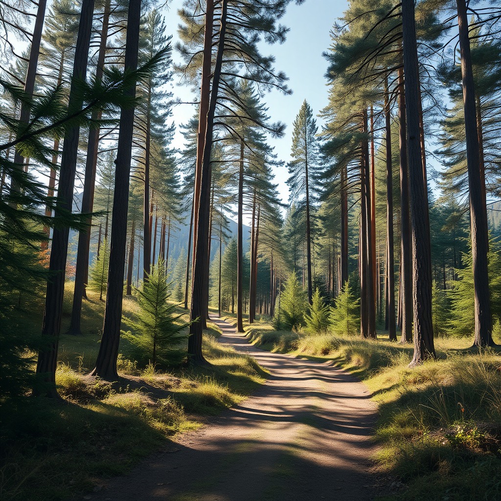 Photo-realistic editorial photography, realistic scene representing forest path