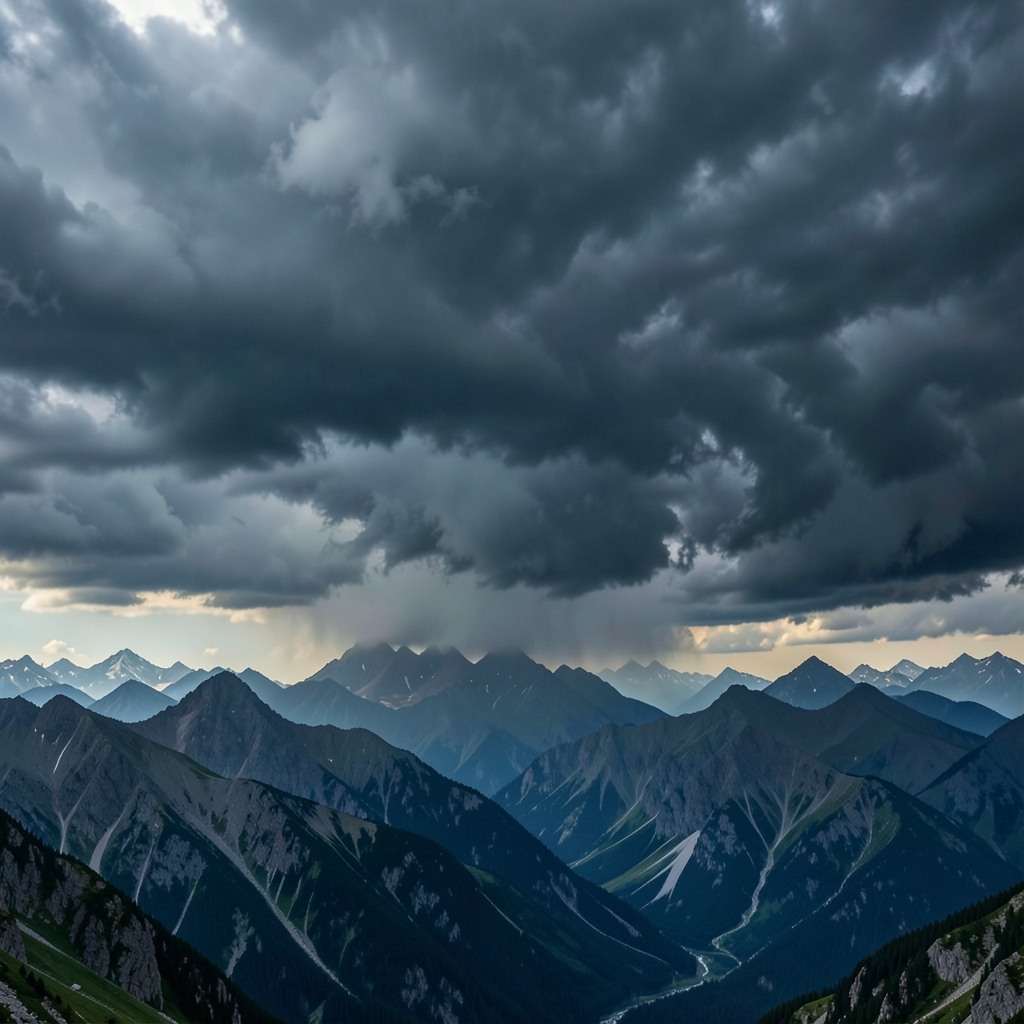 Photo-realistic scene of dramatic storm clouds forming over a mountain range, cinematic realism