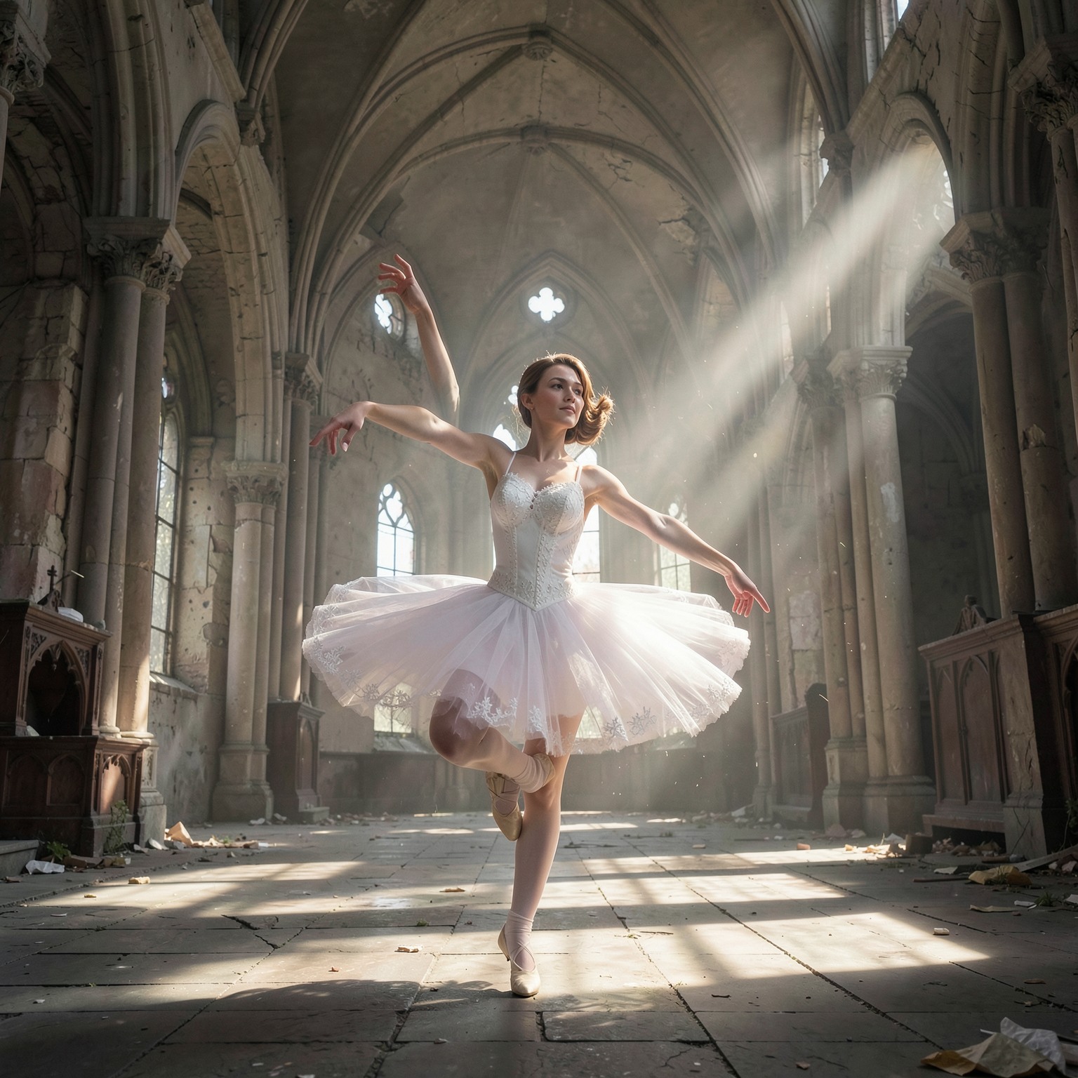 Elegant ballerina dancing inside abandoned cathedral with light beams