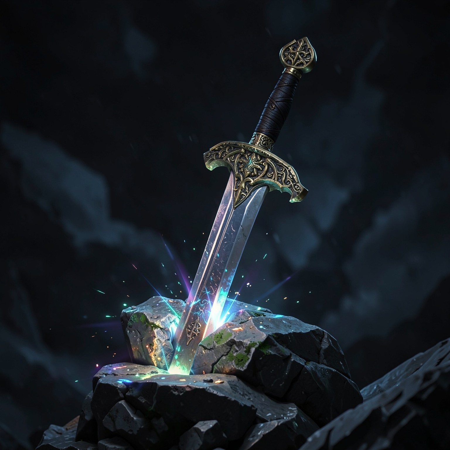 ultra detailed fantasy sword stuck in glowing stone