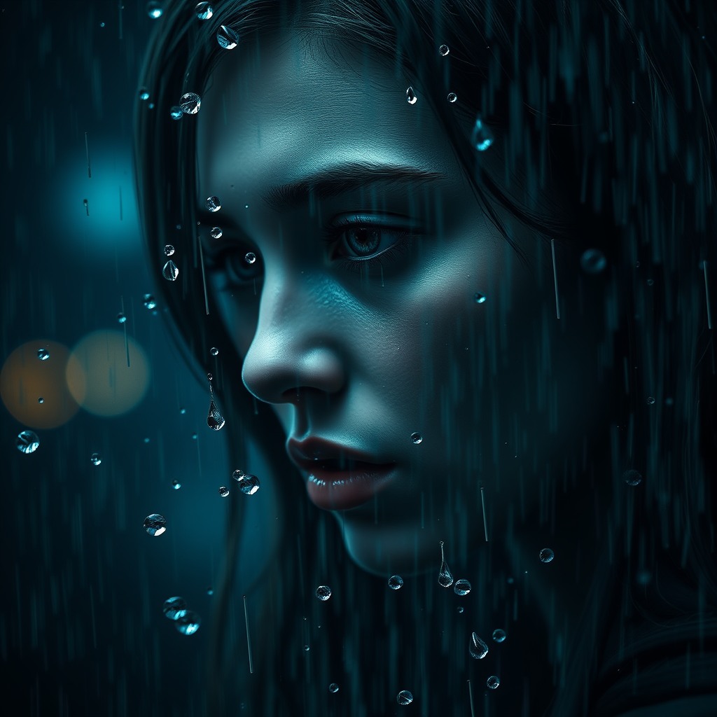 realistic rain portrait, water droplets, moody cinematic lighting
