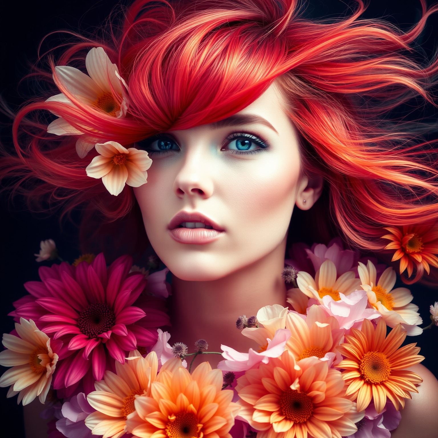 A stunning portrait of a woman with vibrant, flowing hair, surrounded by an explosion of flowers and colors, capturing the essence of nature and beauty.