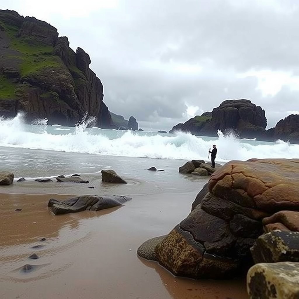 Photo-realistic editorial photography, realistic scene representing rugged shore