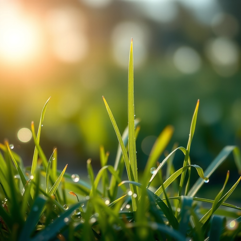Photo-realistic editorial photography, realistic scene representing dew on grass
