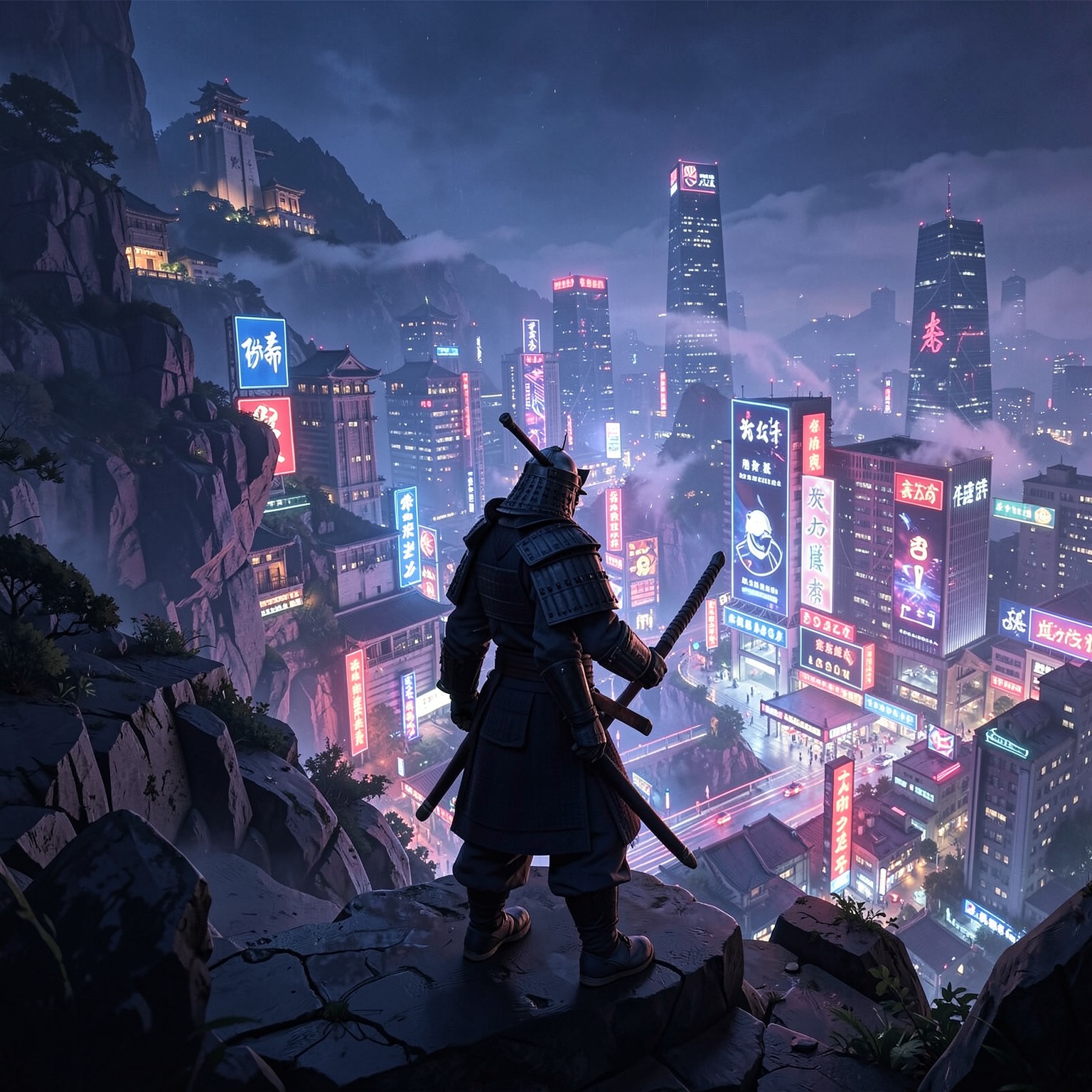 Samurai standing on cliff overlooking neon city
