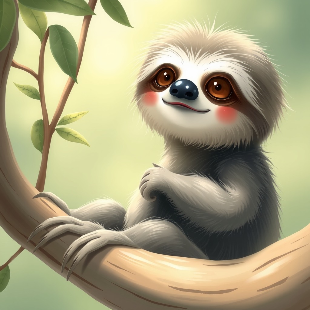 curious sloth, soft natural daylight, whimsical cute style